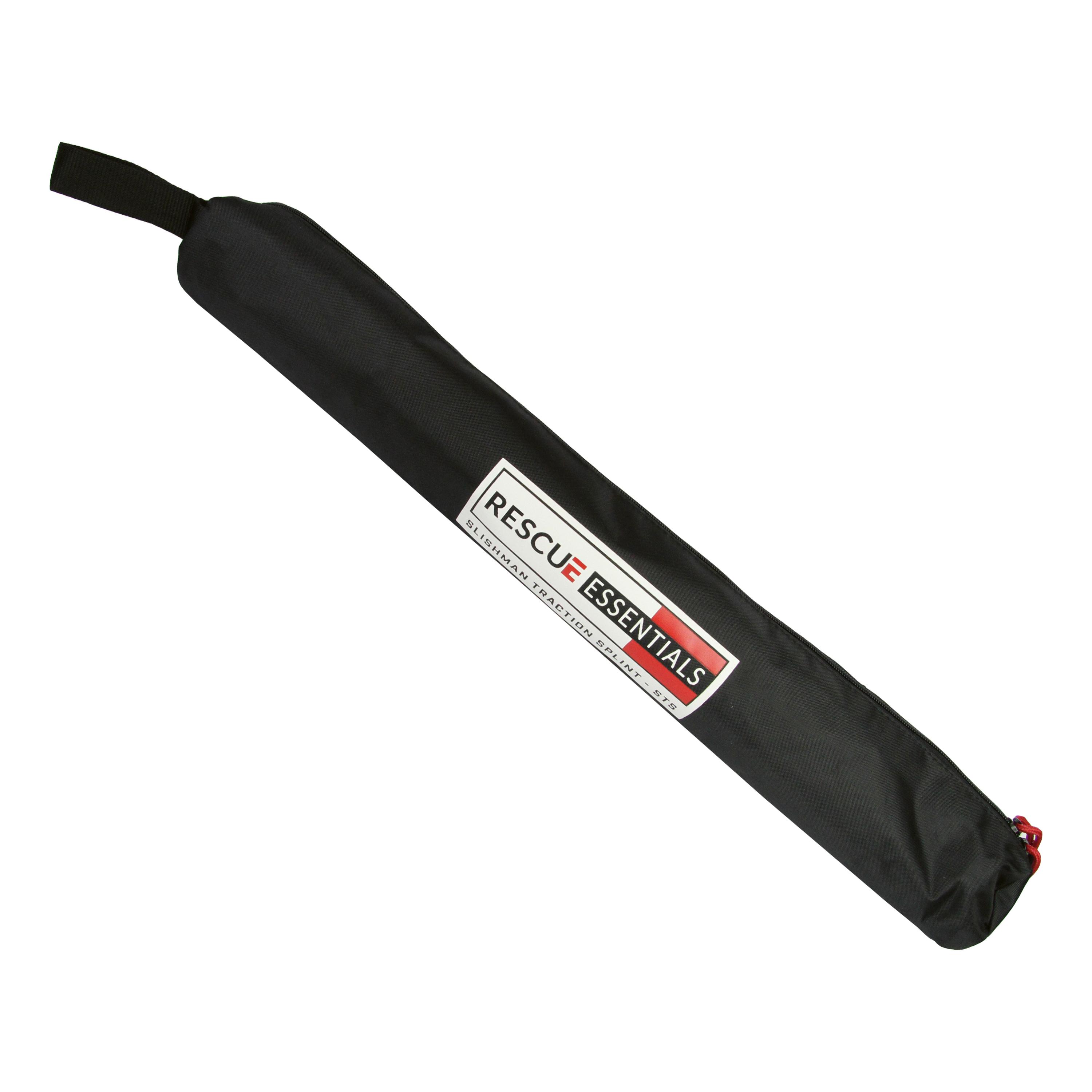 Schwarze Slishman Traction Splint (STS) Tasche mit rotem Reißverschluss und Label, robust, wasserabweisend, praktischem Tragegriff.