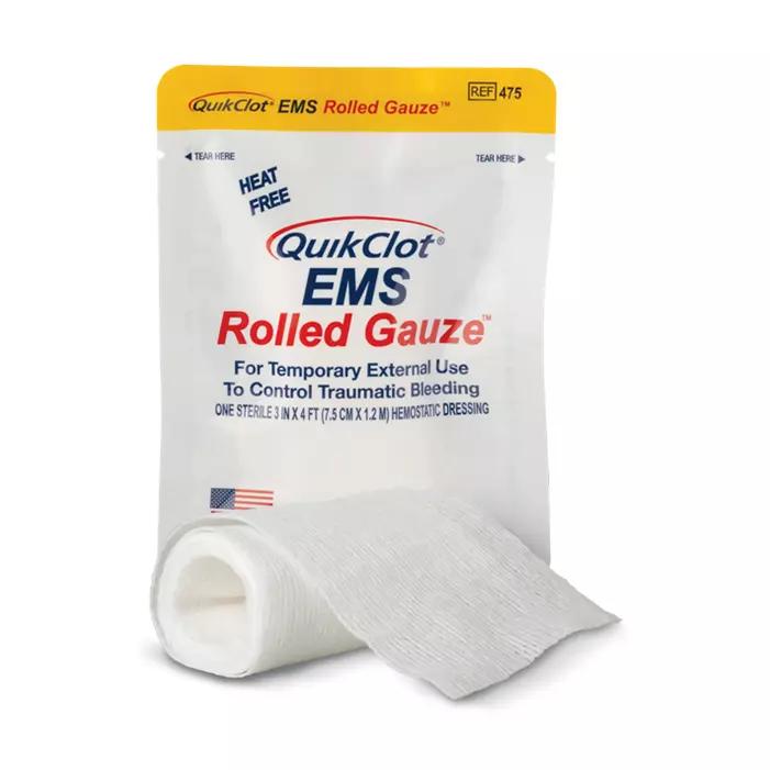 Eine Packung QuikClot® EMS Rolled - Gauze, 120 cm, liegt geöffnet mit ausgerolltem weißem Verband neben der wiederverschließbaren Verpackung.
