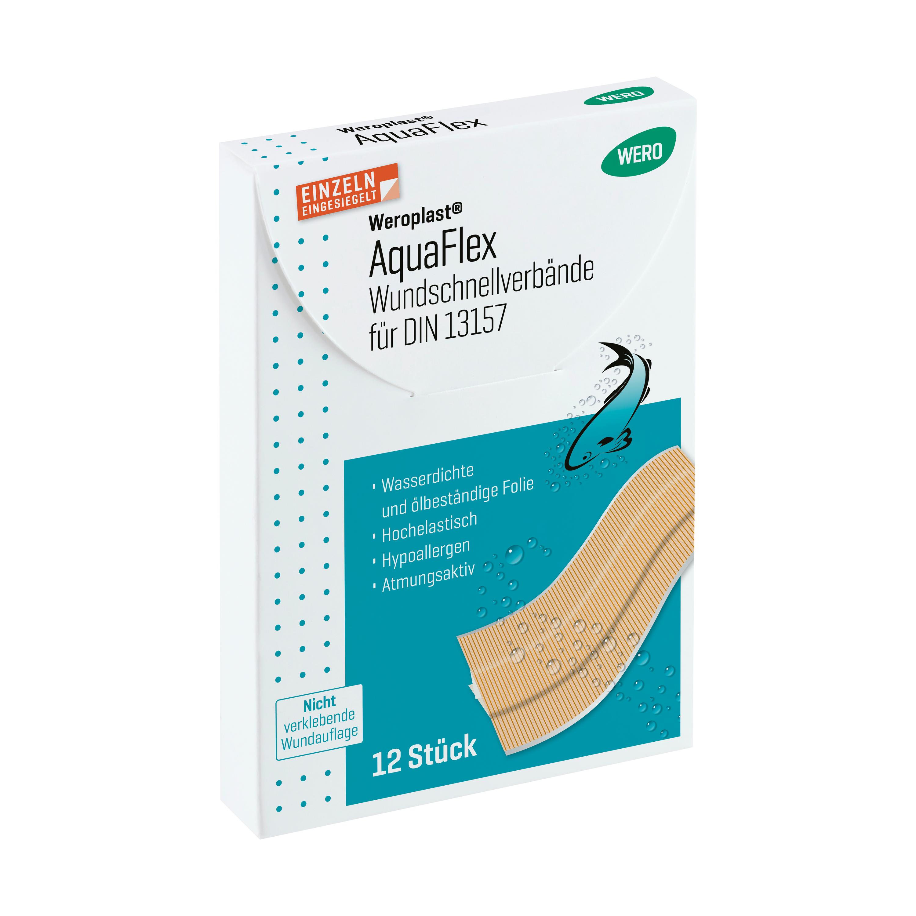 Eine aufrecht stehende Box Weroplast® AquaFlex Pflaster - Wundschnellverbände DIN 13157, wasserdicht, flexibel und hautschonend, mit blauem Etikett.