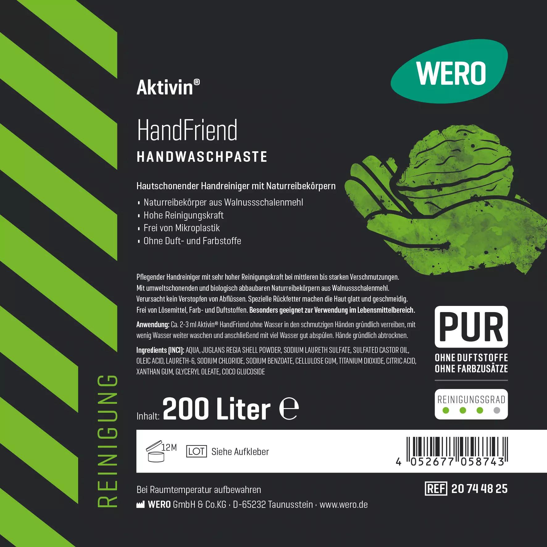 Das Etikett von Handwaschpaste Aktivin® HandFriend - Fass, 200 Ltr zeigt eine Hand mit Seife, weist auf Walnussschalenmehl und pflegende Hautrückfetter hin.
