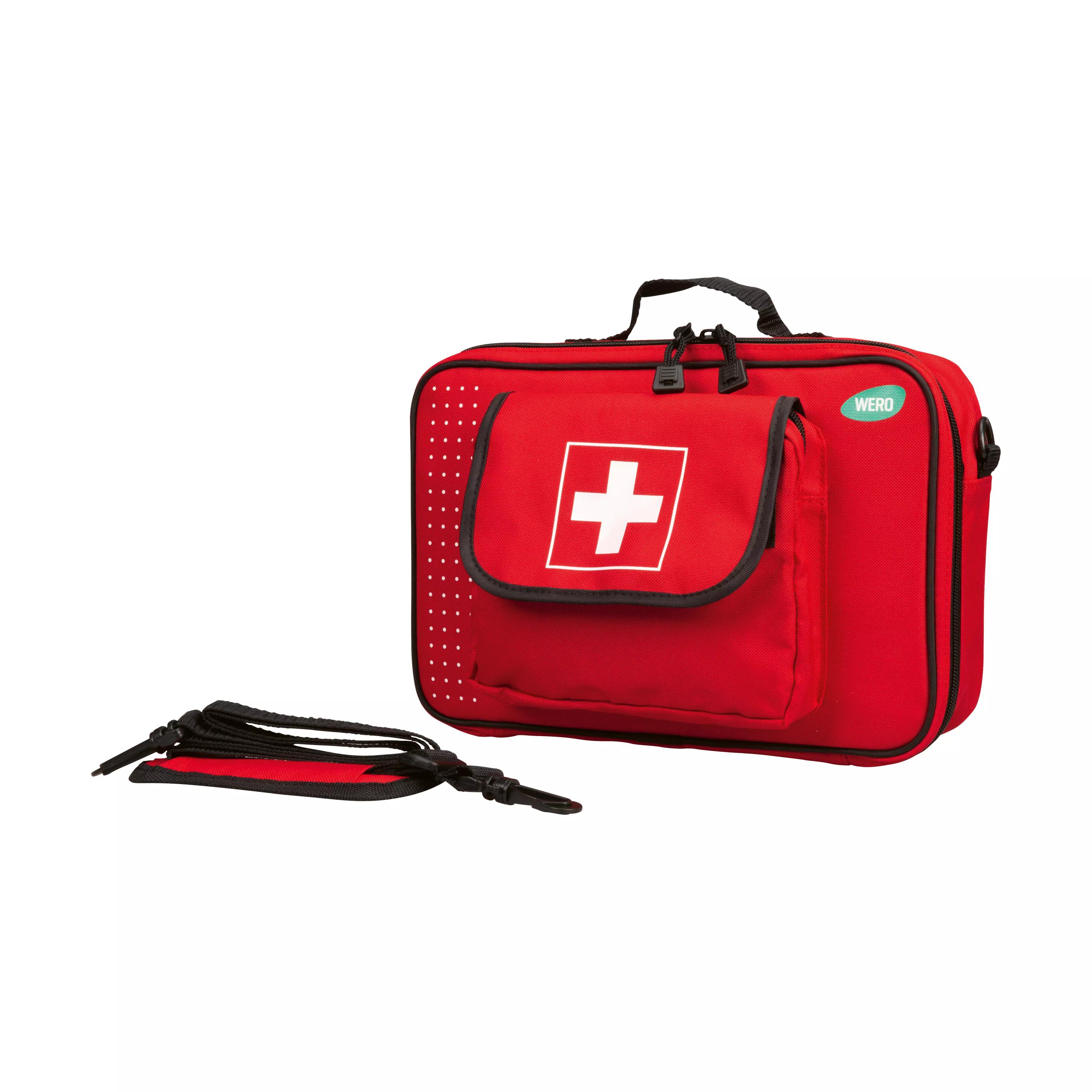 Große WERO Erste Hilfe Tasche aus robustem, wasserdichtem Material mit weißem Kreuz, Reißverschluss, Schultergurt und praktischem Tragegriff.