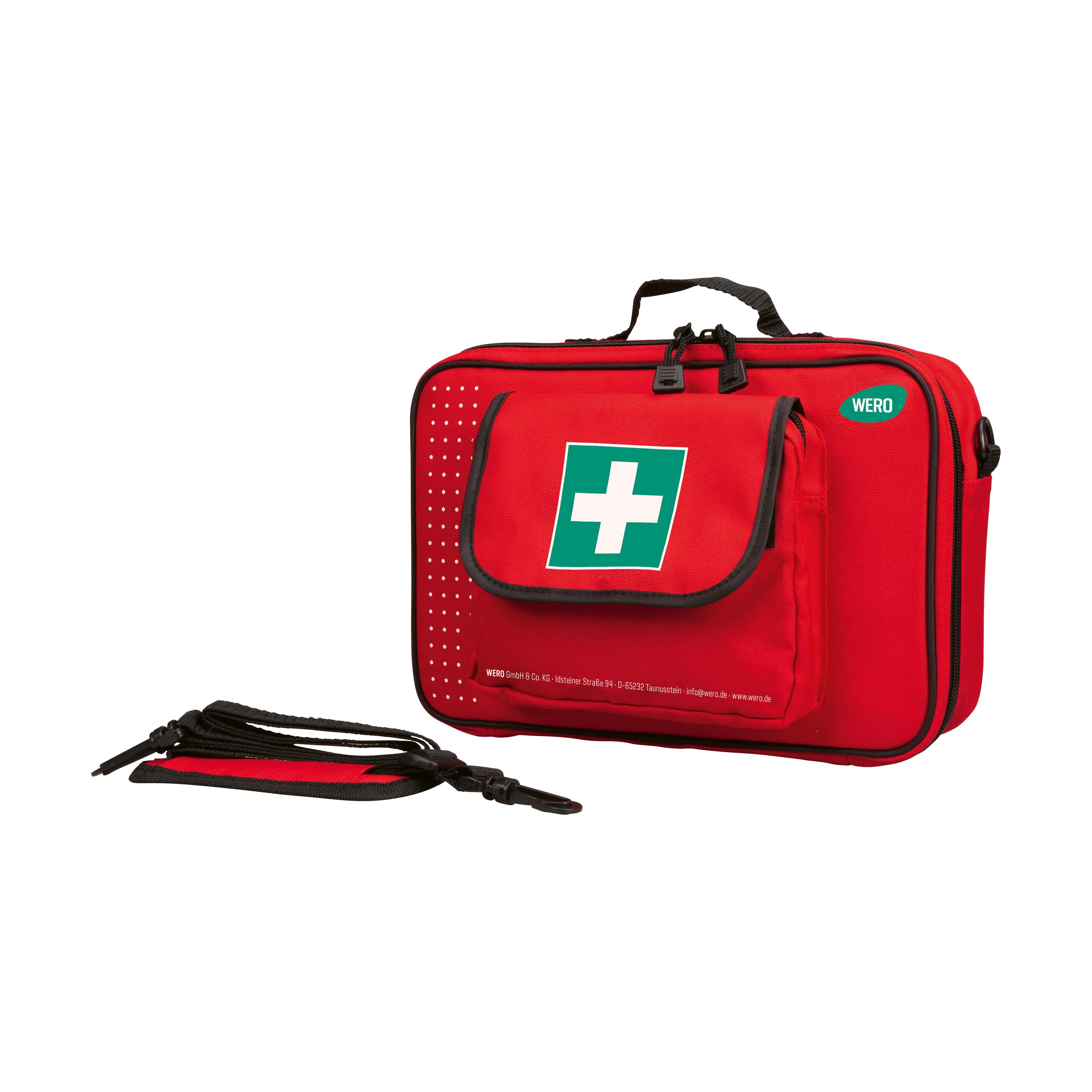 Große WERO Erste Hilfe Tasche aus robustem, wasserdichtem Material mit weißem Kreuz, Reißverschluss, Schultergurt und praktischem Tragegriff.