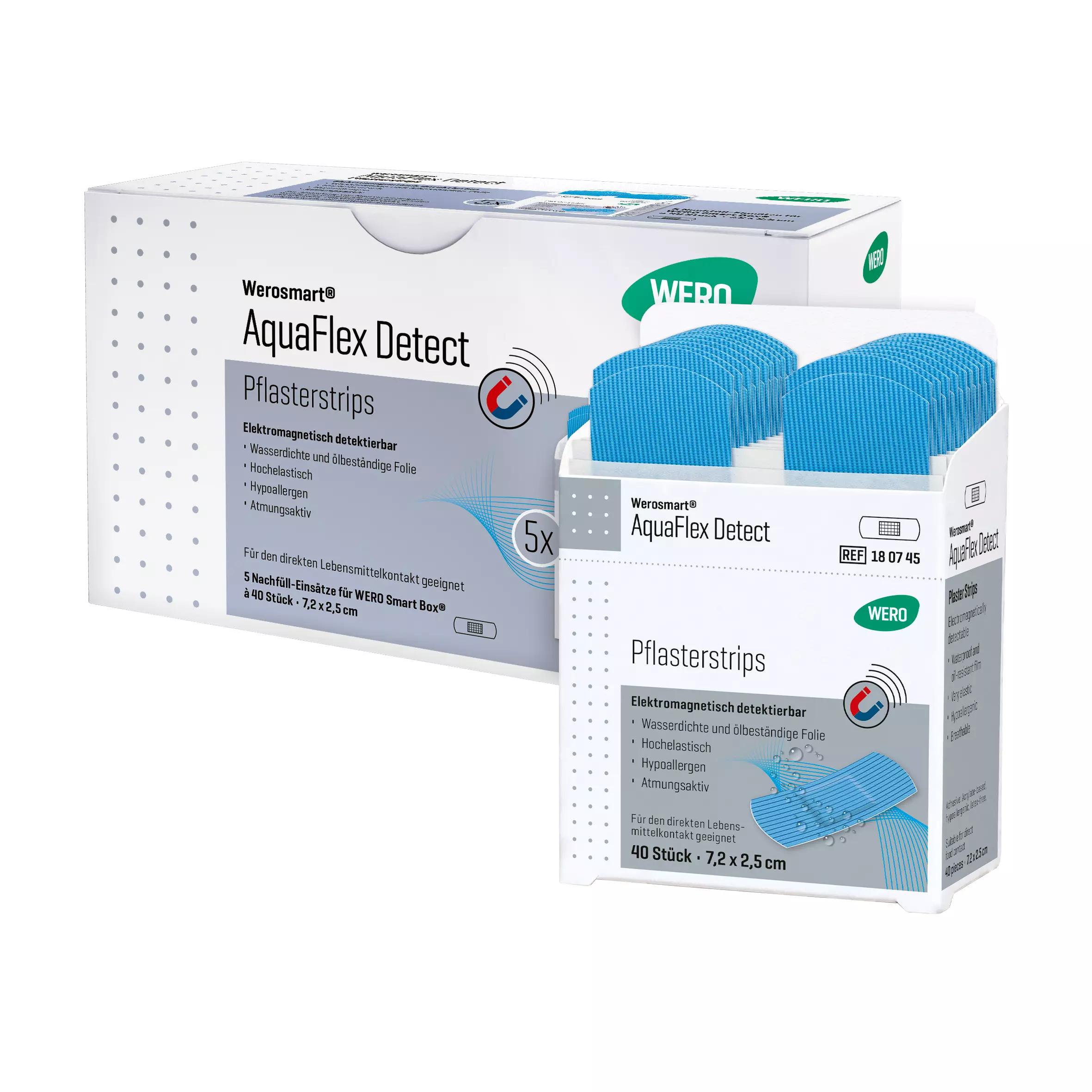 Zwei Packungen Werosmart® AquaFlex Detect Pflasterspender-Einsätze Pflasterstrips mit wasserfester, detektierbarer Folie und blauem Design.