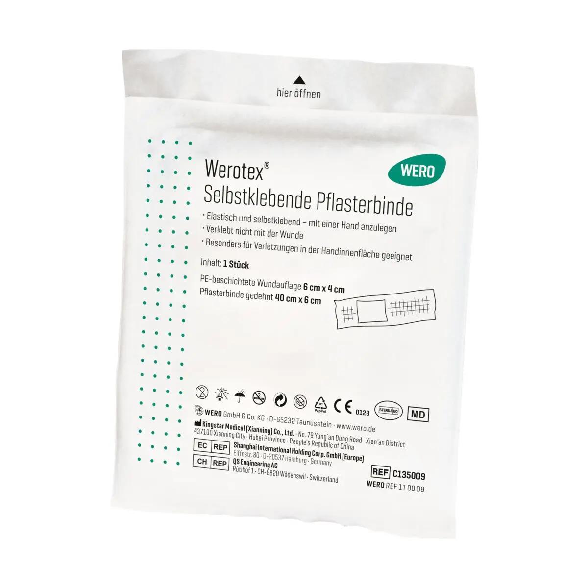 WeroTex SelfStickband selbstklebende Pflasterbinde im weißen Rechteckkarton mit grünen Etiketten, deutschsprachiger Anleitung und CE-Kennzeichnung