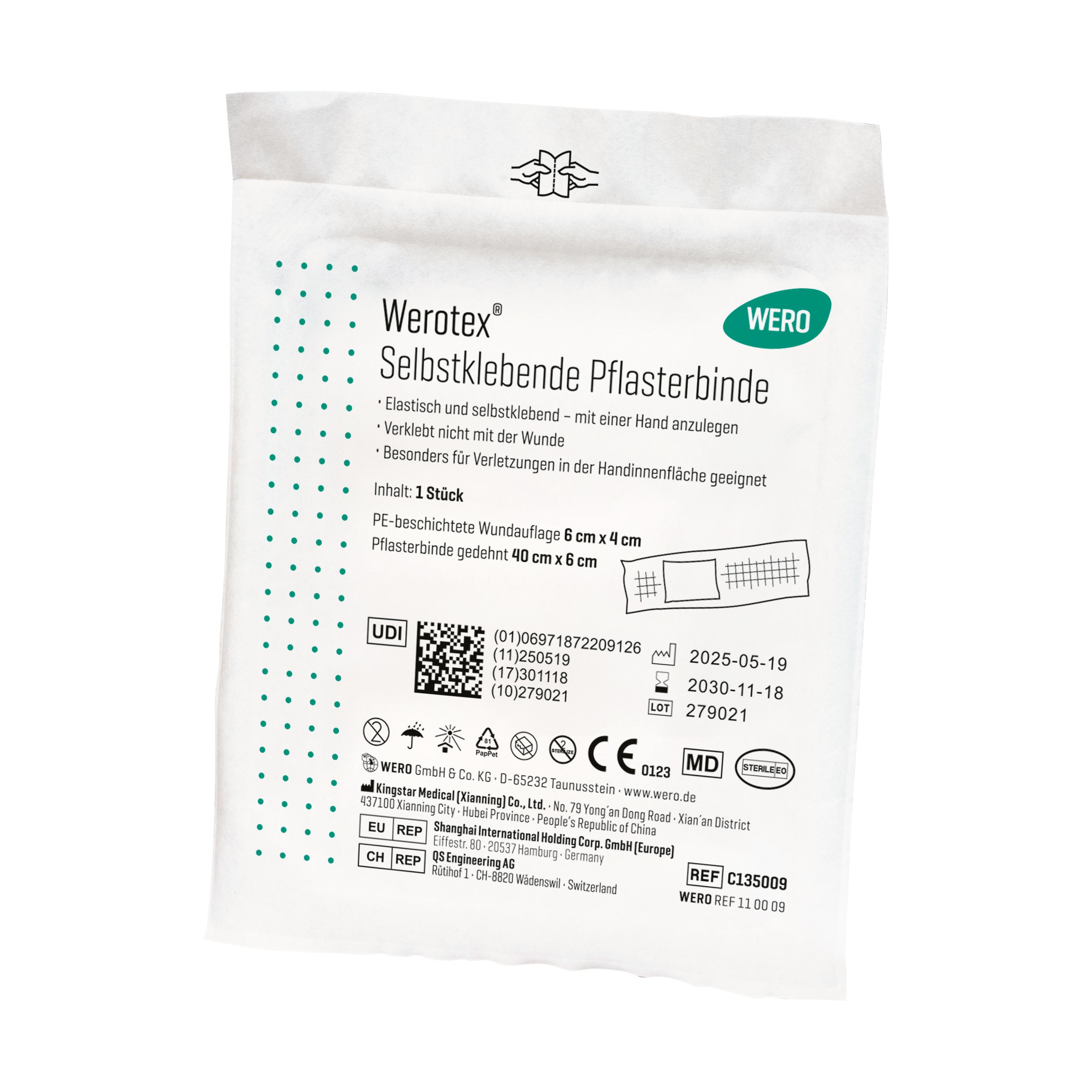 WeroTex SelfStickband selbstklebende Pflasterbinde im weißen Rechteckkarton mit grünen Etiketten, deutschsprachiger Anleitung und CE-Kennzeichnung