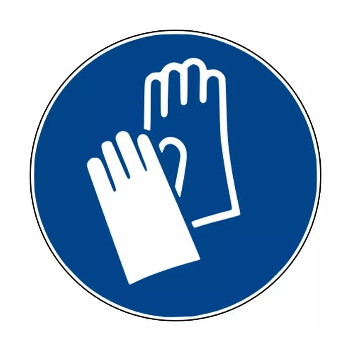 Weißes Handschuh-Symbol auf blauem Kreis signalisiert Schutzanweisung am Gebotszeichen: Handschutz benutzen - PVC, aus Kunststoff, 200 mm Durchmesser.