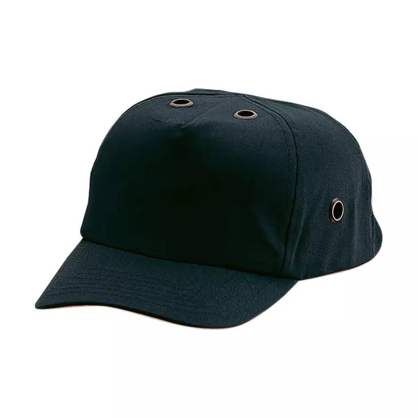 Eine Anstoßkappe Safety Baseball Cap - Schwarz aus mattem Stoff mit flachem Schirm, Belüftungsösen und verstellbarem Klettverschluss.