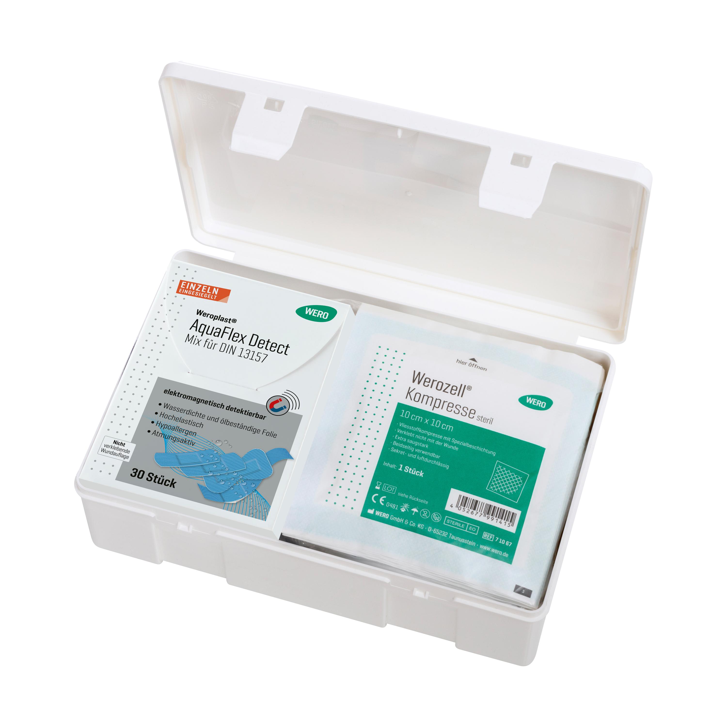 Offener Verbandkasten DIN 13157-C, detektierbar, mit klar sichtbaren Pflastern und Kompressen für Wundversorgung und Verbrennungen.