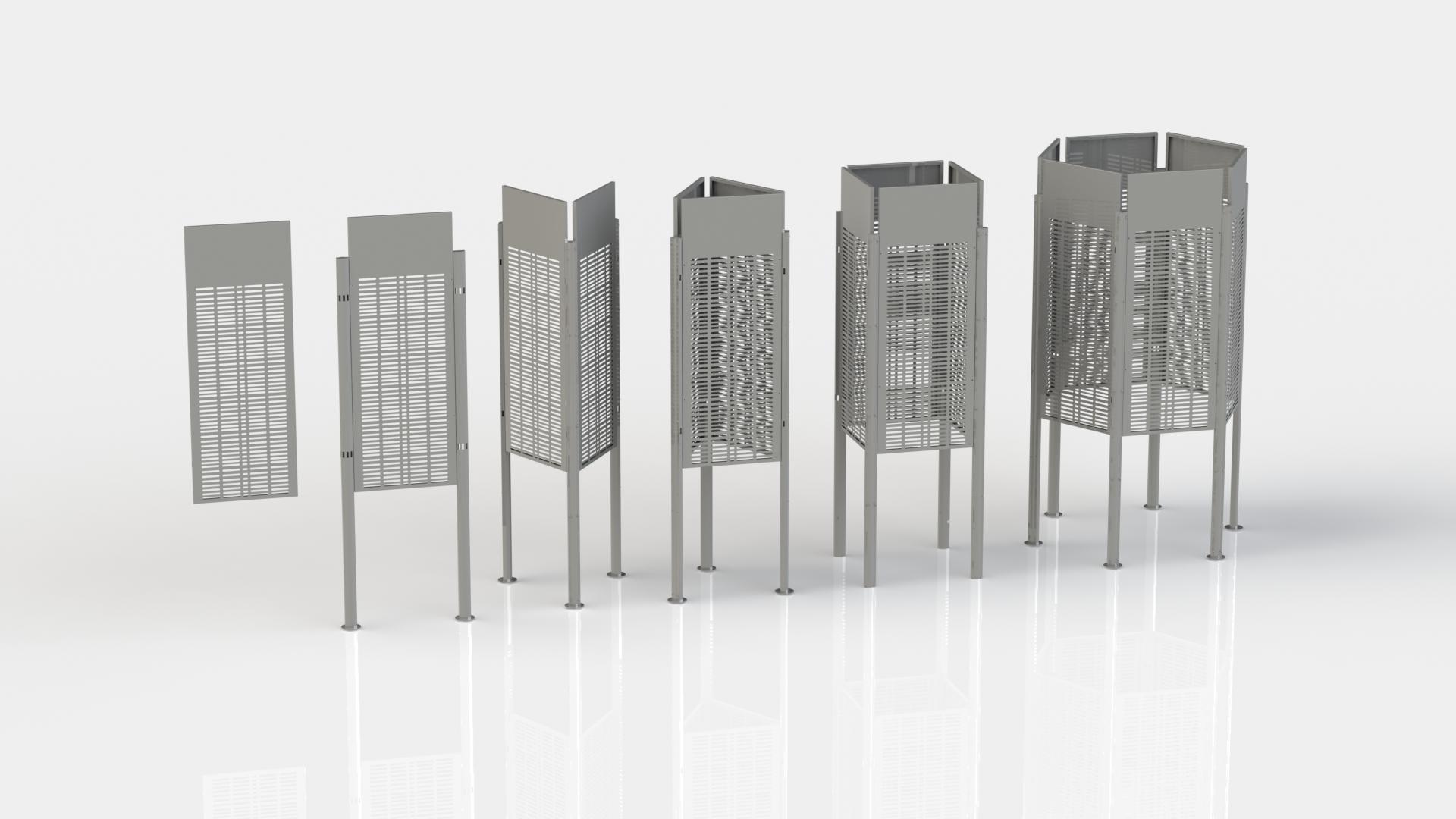 Metall-Ausstellungsständer aus Edelstahl mit sechs Beinen und rechteckigem Gitteraufsatz mit quadratischen Öffnungen.