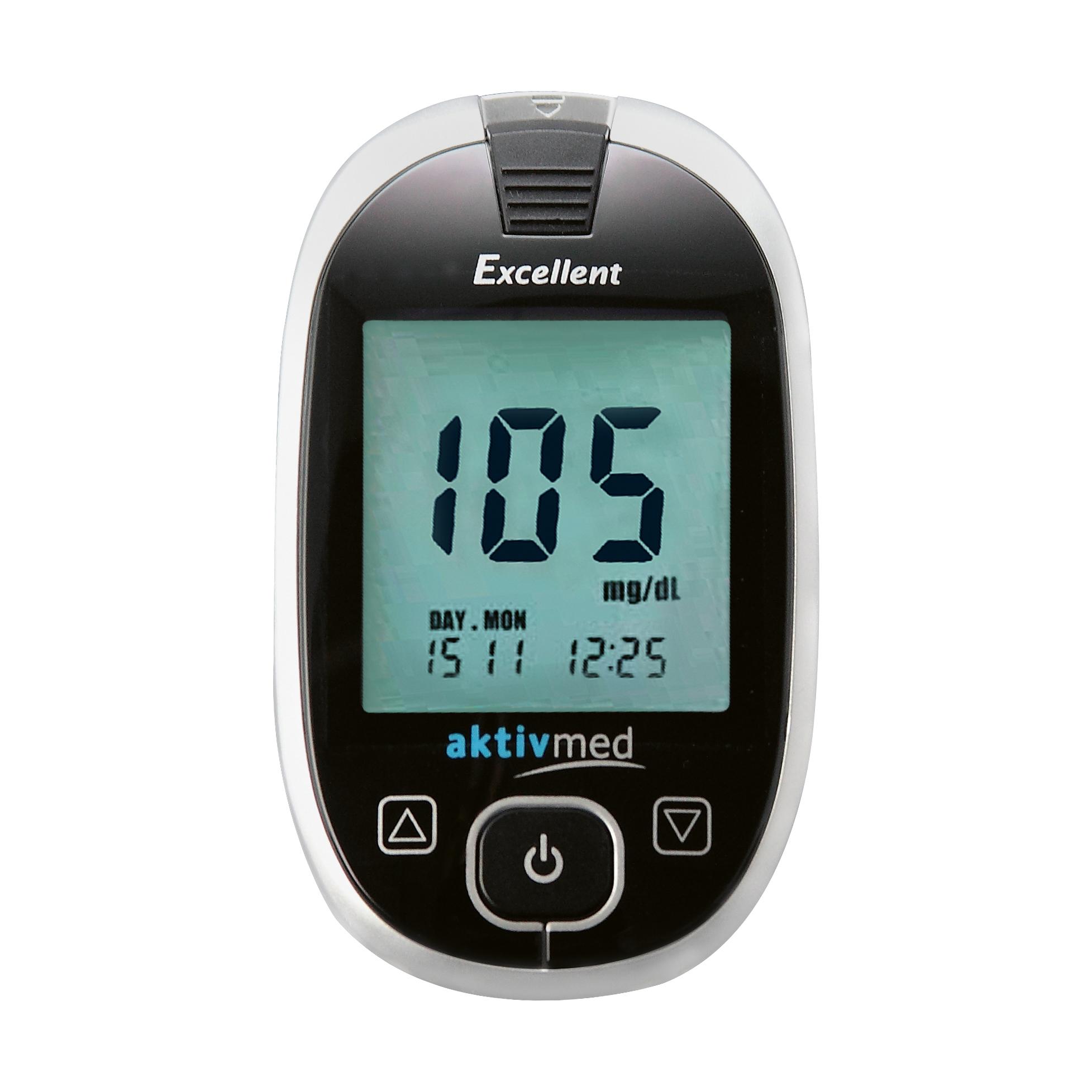 Blutzuckermessgerät GlucoCheck Excellent® mit großem Display, misst Blutzucker präzise, inkl. Teststreifen und Stechhilfe, zeigt Wert 105 mg/dl an.