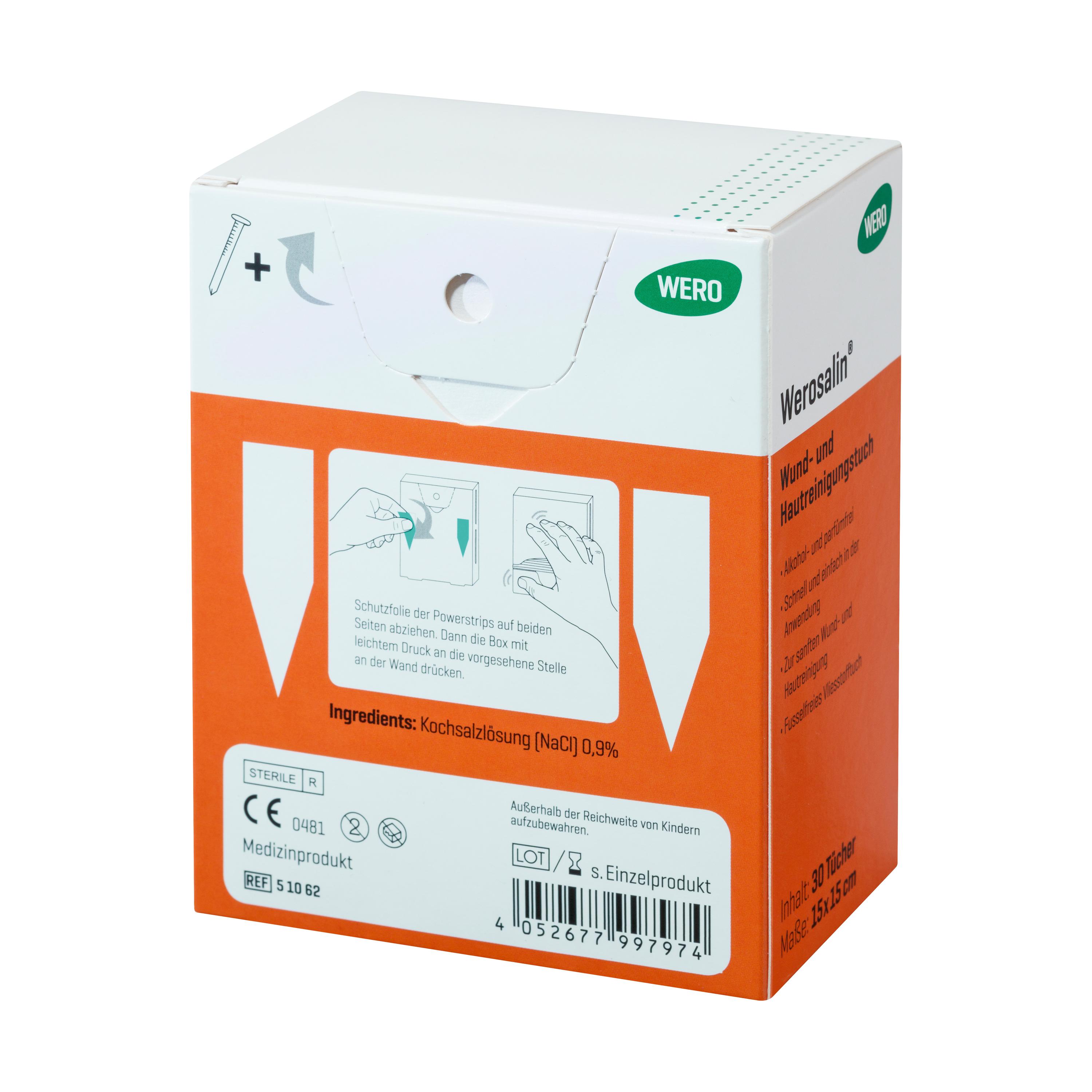 Aufrecht stehende Schachtel Werosalin® Wund- und Hautreinigungstuch, mit Diagramm zur Anwendung, 30 Stück, 100 % Viskose, für Kinder geeignet.