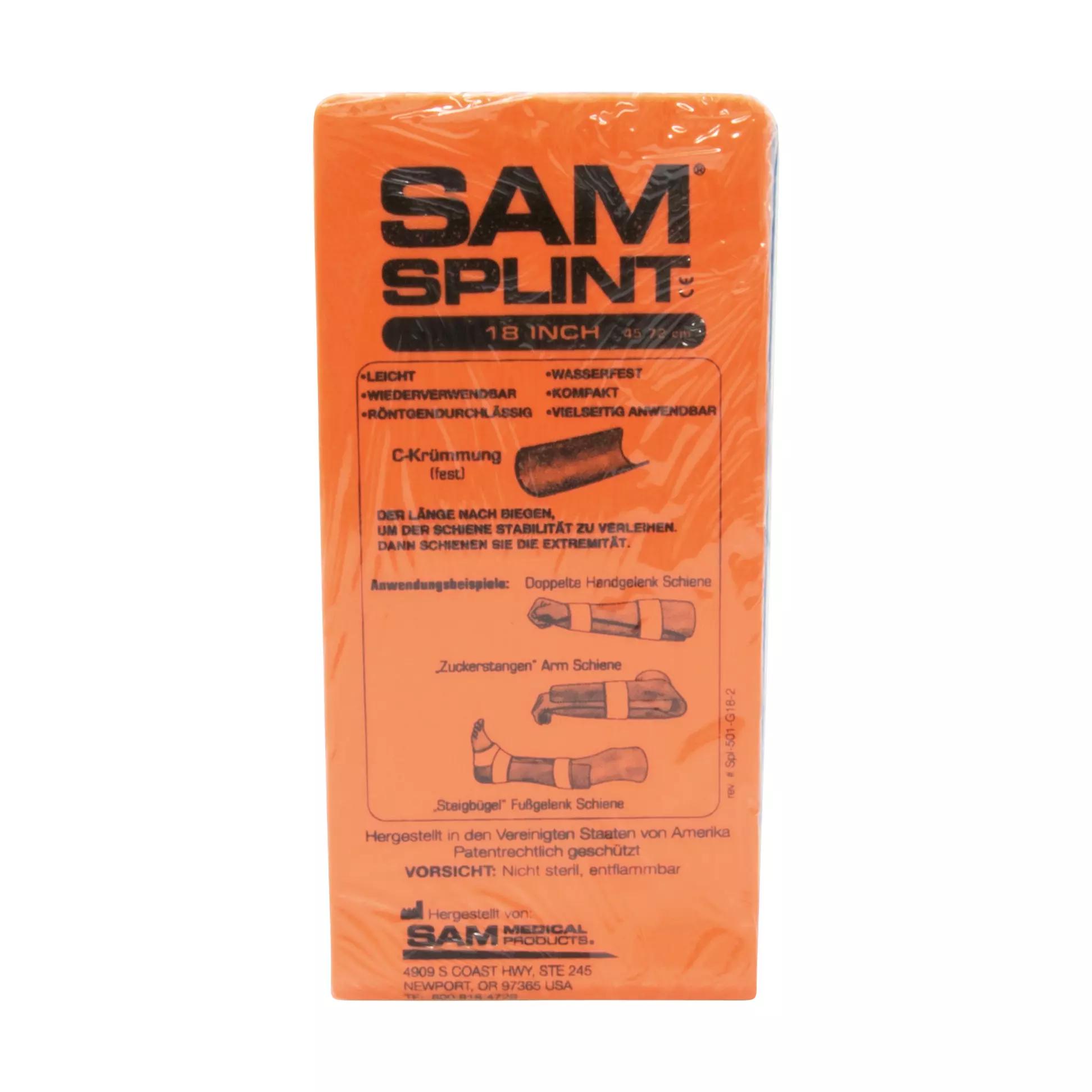 Die orangefarbene Verpackung der SAM®-SPLINT Junior Universalschiene zeigt Abbildungen zur Anwendung am Arm sowie Produktinformationen und Maße.