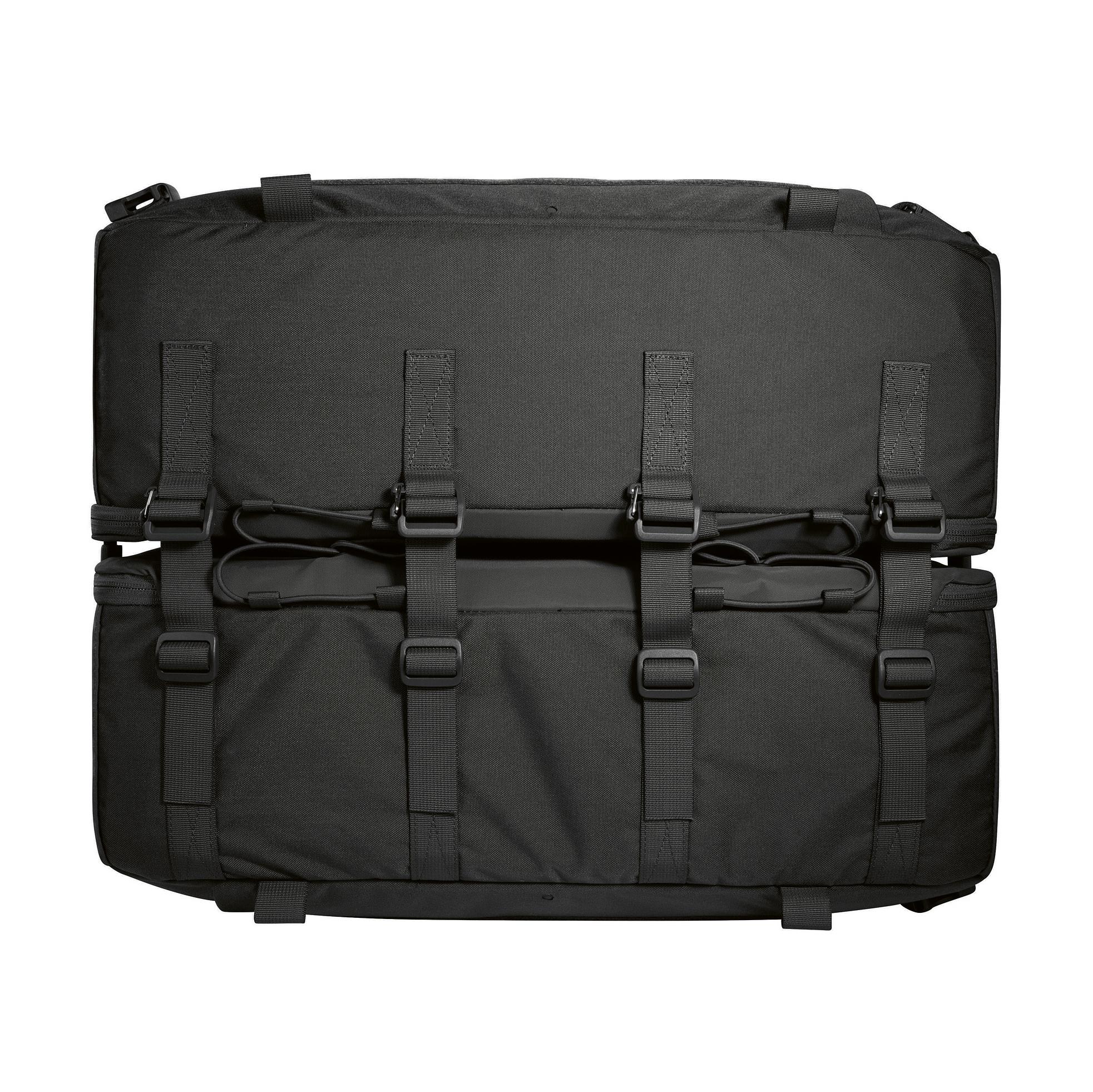 Schwarze TT Medic Container / Transporttaschen aus robustem Material mit mehreren Gurten und Schnallen, verstärktem Oberteil und seitlichem Tragegriff.