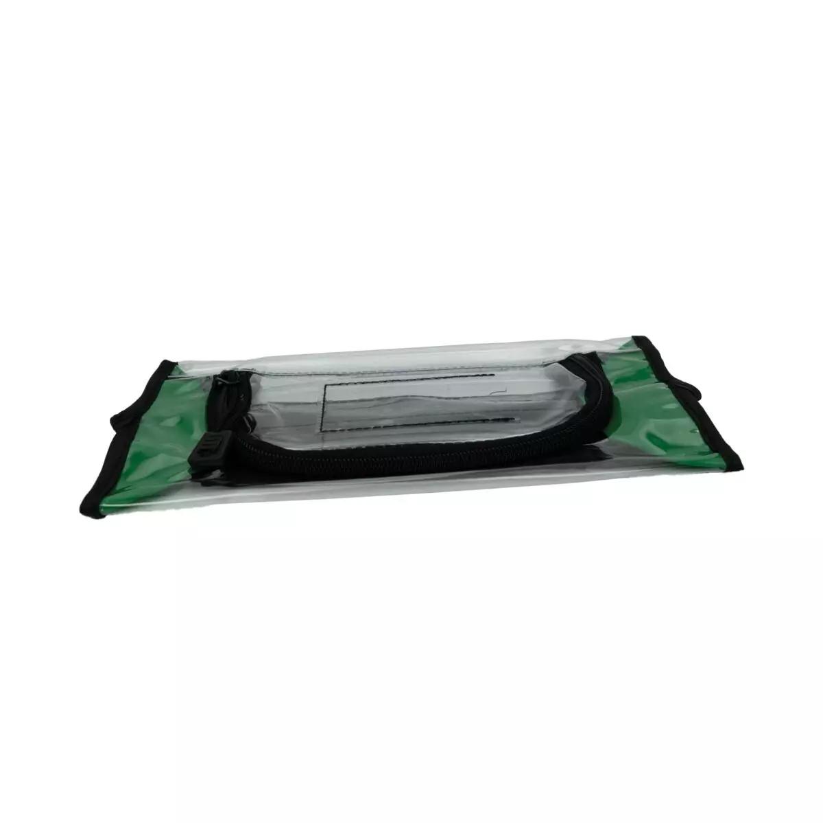 Transparente Klarsichttaschen, leer - Mittel, Grün mit schwarzem Reißverschluss, aus 420 D Polyamid und PVC-Klarsichtfolie, teilweise geöffnet gezeigt.