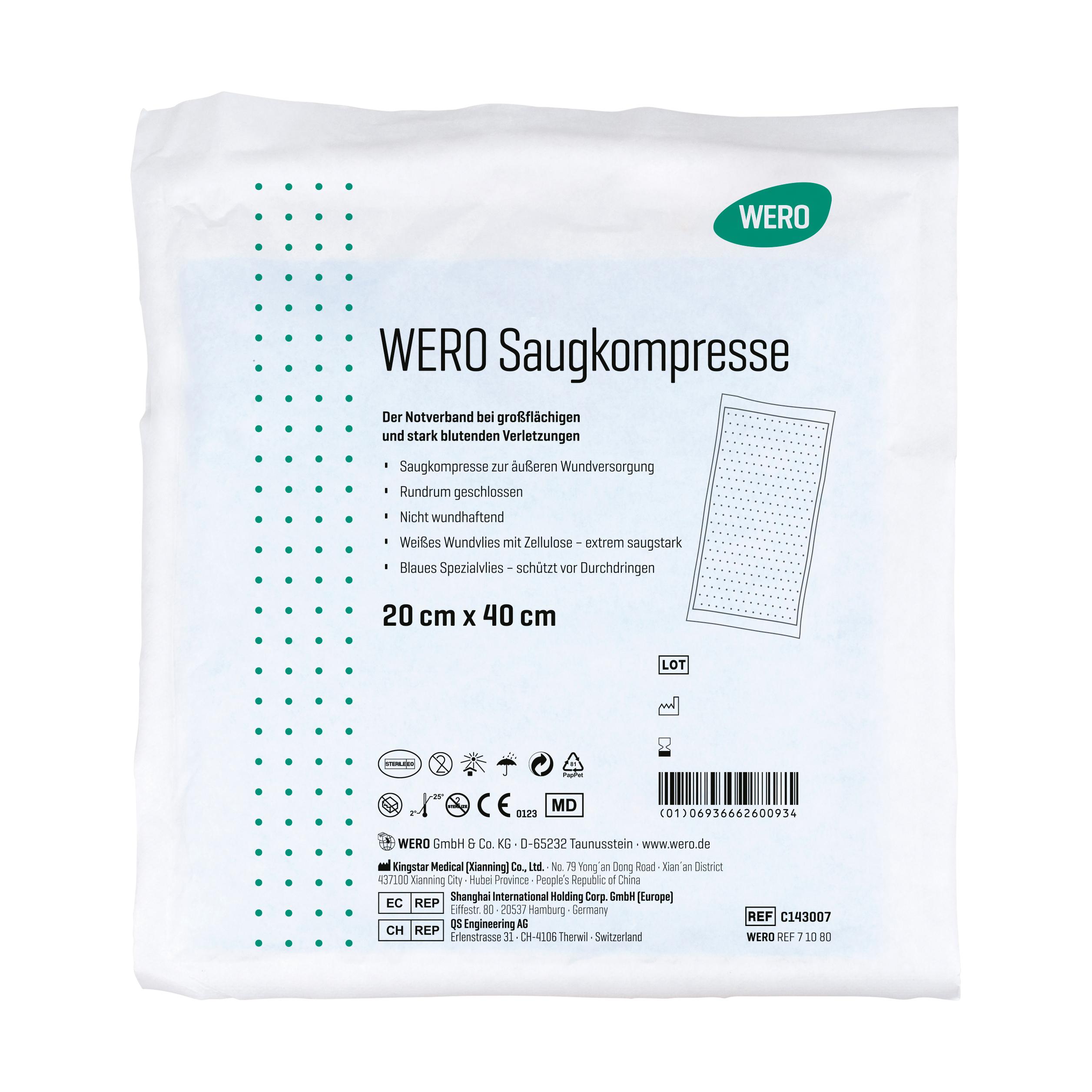 Steril verpackte WERO Saugkompresse, extrem saugfähig, für die Versorgung stark blutender Wunden, 20 x 40 cm.