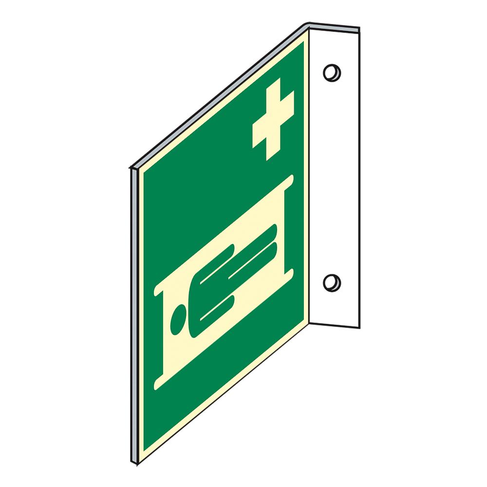 Rettungszeichen - Krankentrage N gemäß DIN 13024 - Fahne zeigt ein liegendes Personensymbol mit Kreuz auf grün-weißem, rechteckigem Schild.