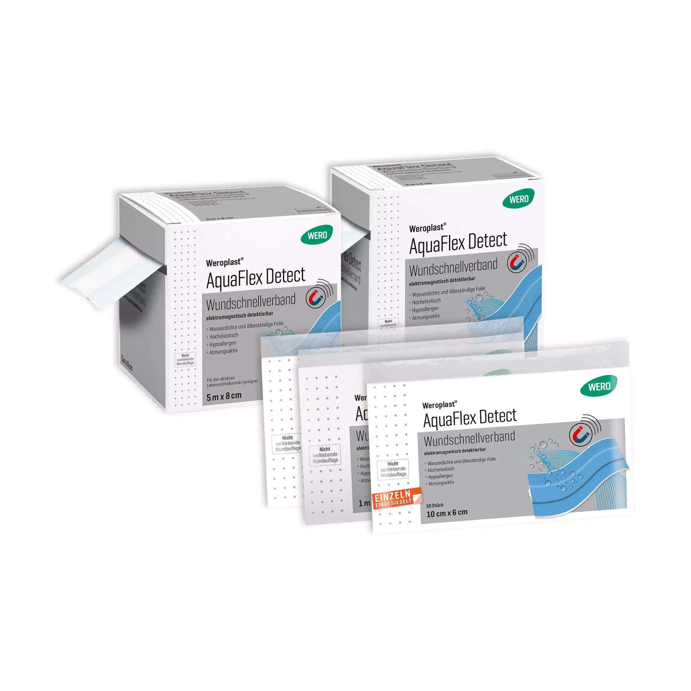 Mehrere Weroplast® AquaFlex Detect Wundschnellverband Packungen in Weiß mit blauen Etiketten und wasserdichter, detektierbarer PU-Folie sind angeordnet.
