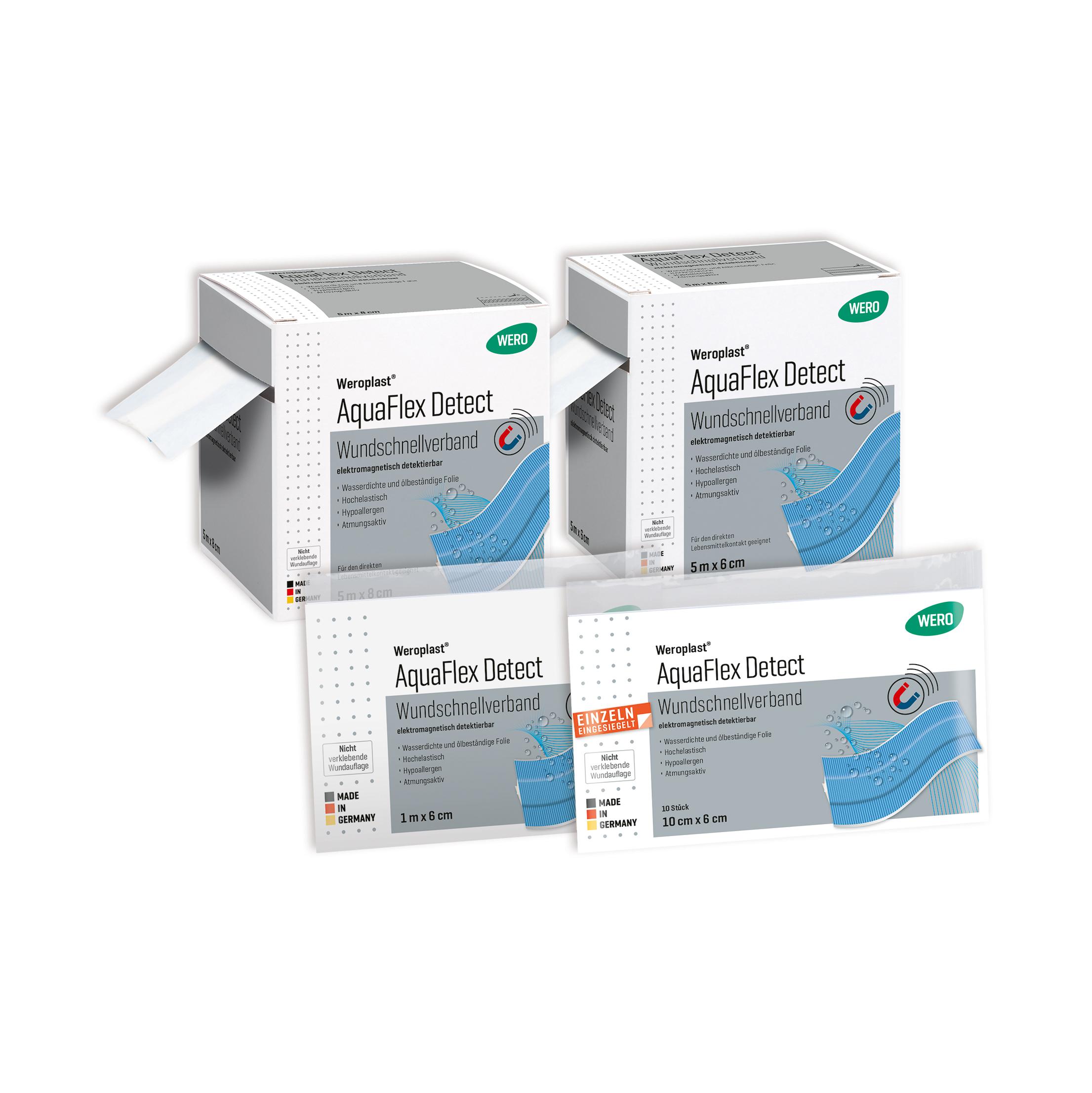 Mehrere Weroplast® AquaFlex Detect Wundschnellverband Packungen in Weiß mit blauen Etiketten und wasserdichter, detektierbarer PU-Folie sind angeordnet.