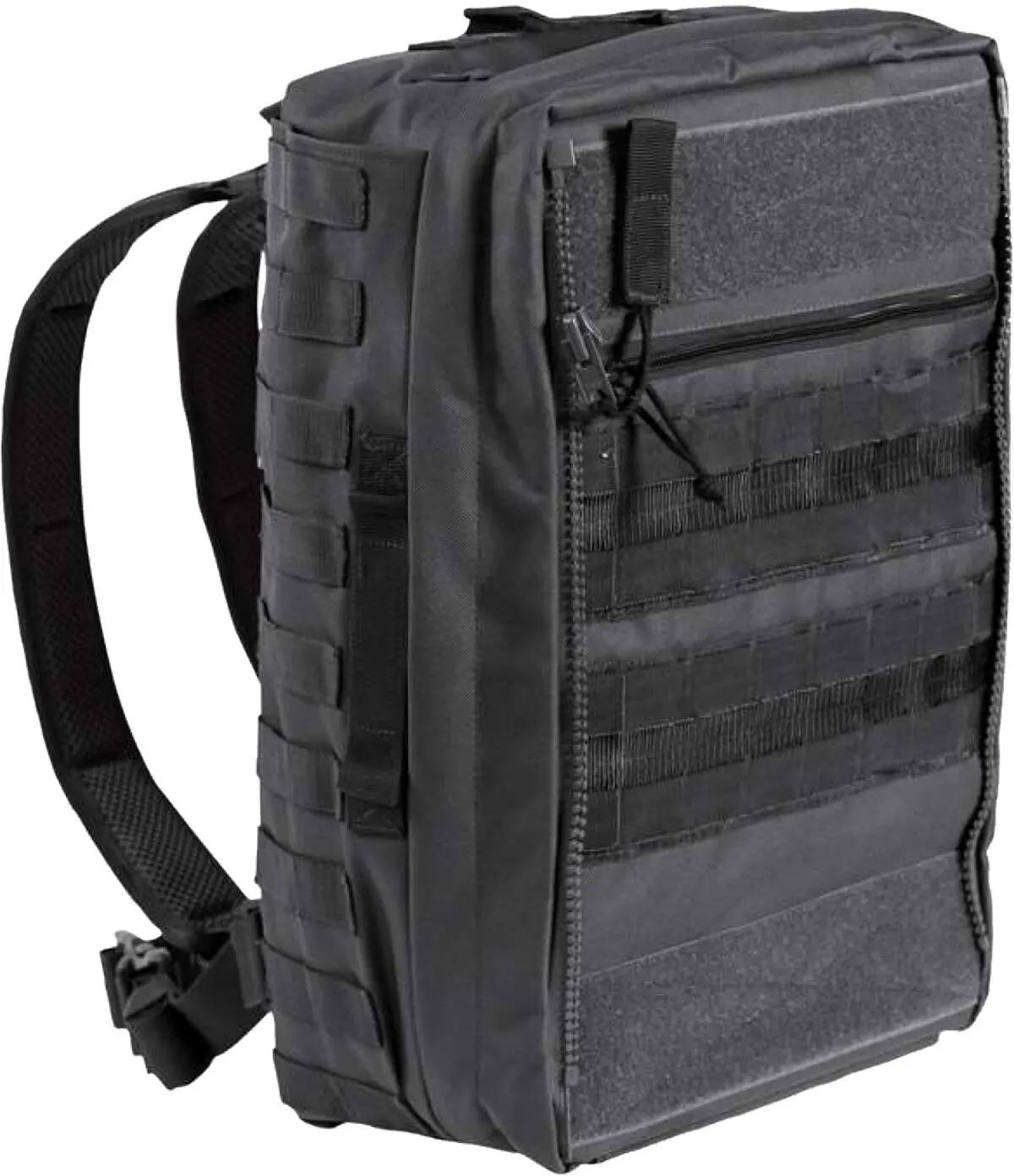 Schwarzer taktischer Rucksack mit Frontreißverschluss, Mesh-Polsterung, Seitentasche und stabilem Tragegriff aus robustem Material.