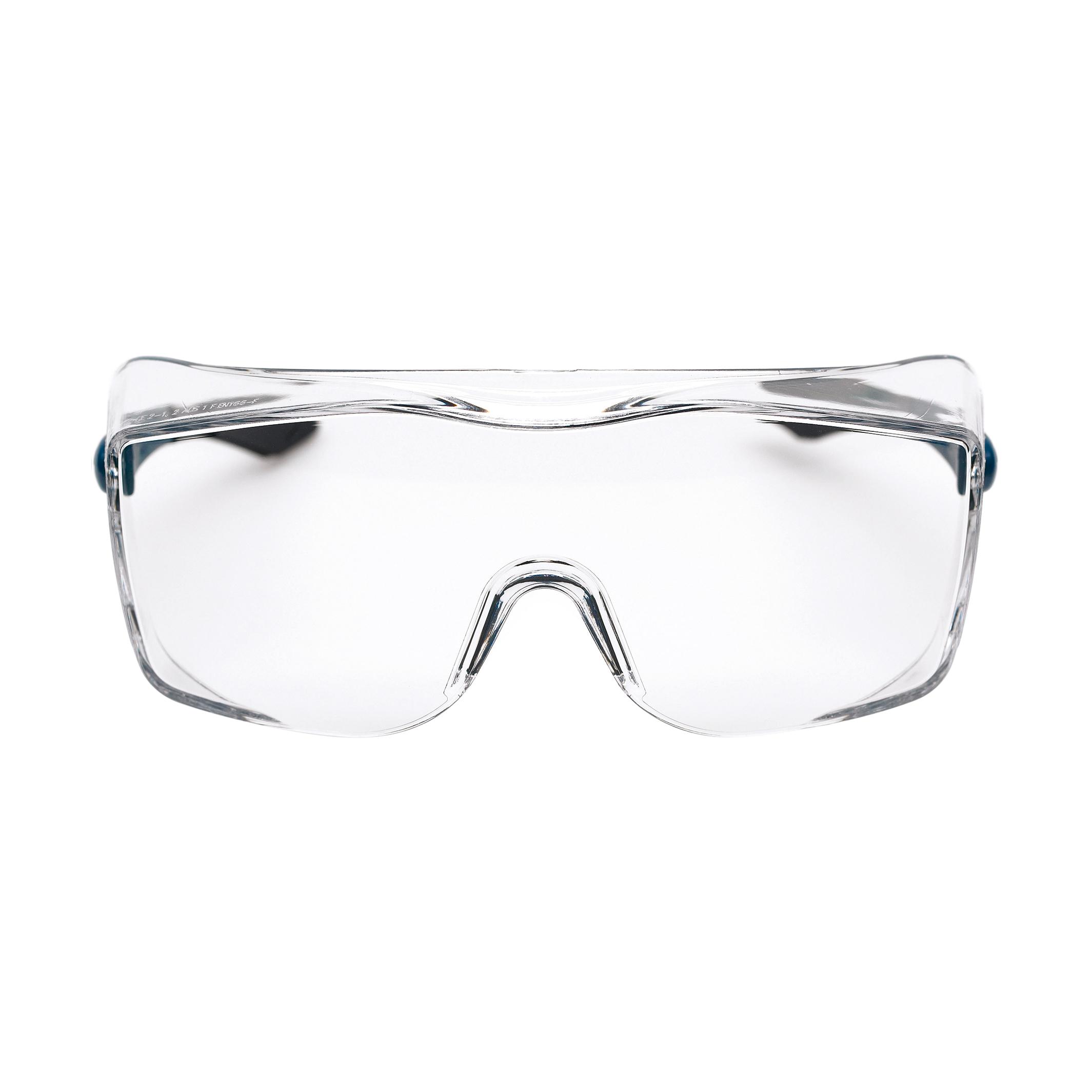 Klare Überbrille 3M™ OX3000 mit leicht blauen Akzenten, Polycarbonat-Gläsern, kratzfest und beschlagfrei, frontal ausgerichtet.