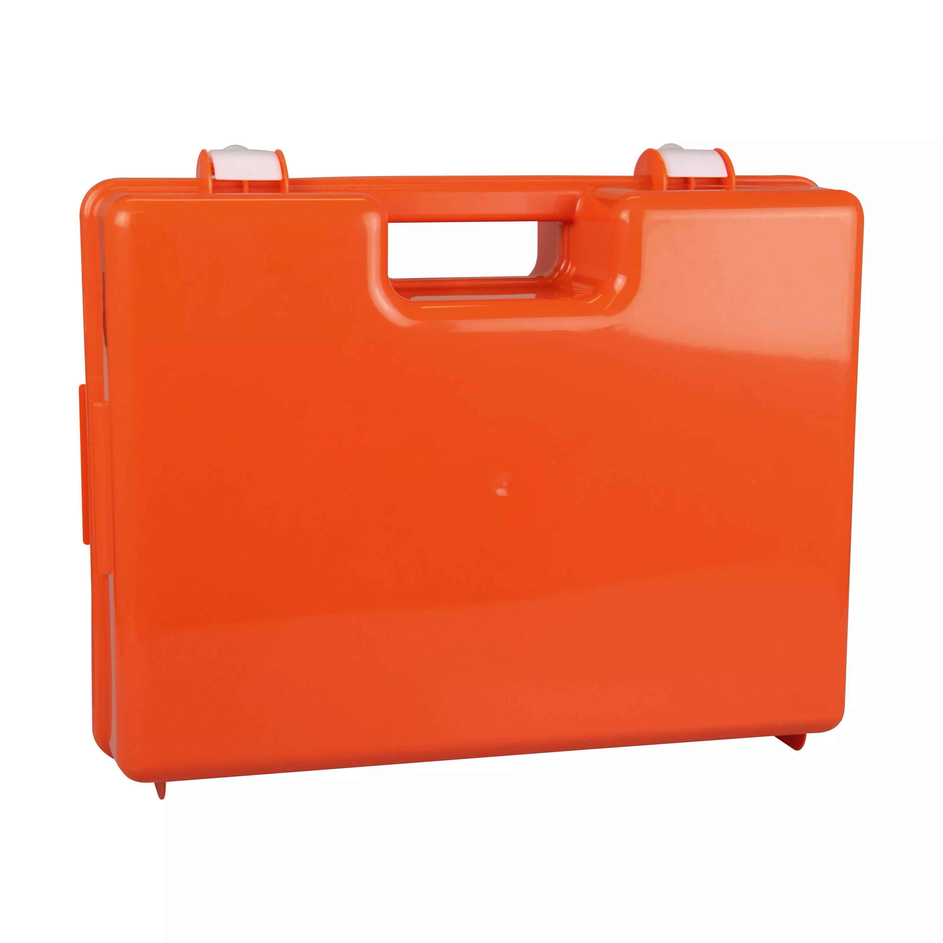 Orangefarbener Erste-Hilfe-Koffer MAXI, leer, mit festem Tragegriff und zwei seitlichen Rollen für einfachen Transport, Deckel sicher verschlossen.