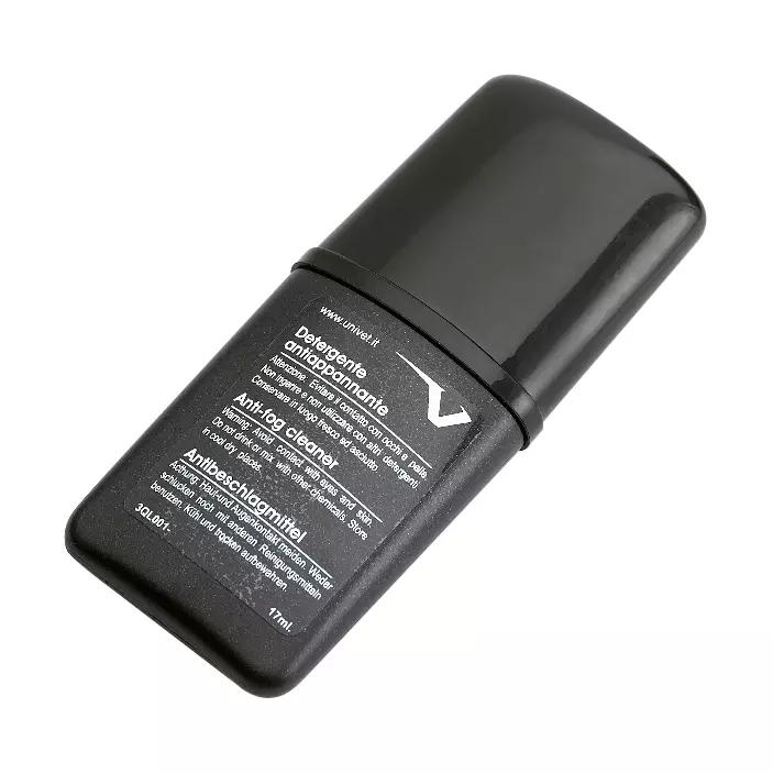 Schwarze Kunststoffflasche Anti-Beschlag-Reinigungsspray, 17 ml, mit schwarzem Deckel und mehrsprachigem Etikett für Brillen und Visiere