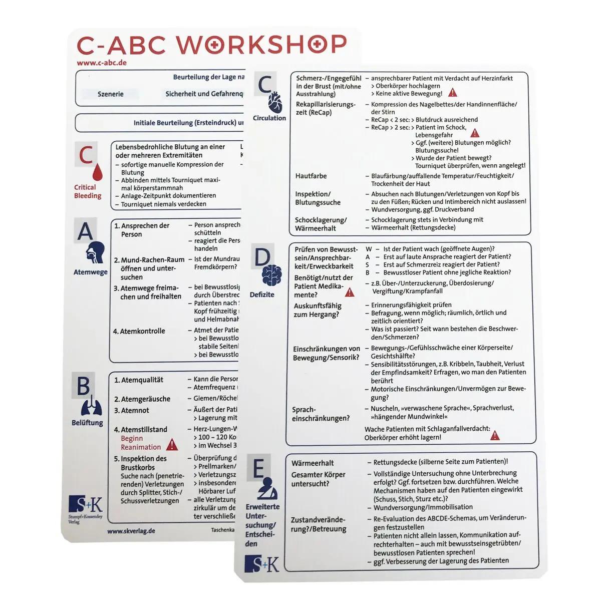 Taschenkarte „C-ABC Workshop“ mit zweiseitigem, übersichtlich gegliedertem Manual, klar getrennten Spalten und deutsch-englischer Beschriftung.