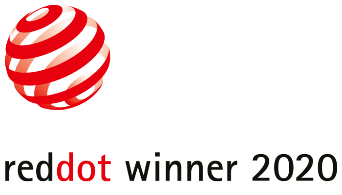 Red Dot Winner 2020 Logo mit roter Spirale und weißer Schrift