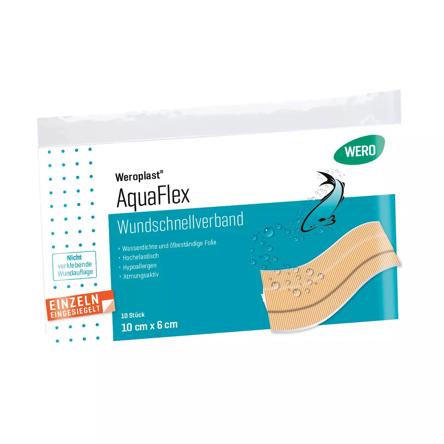 Packung Wundschnellverband Weroplast® AquaFlex mit Hinweis auf wasserdichte, superelastische, flexible Pflaster für Fingerverletzungen.