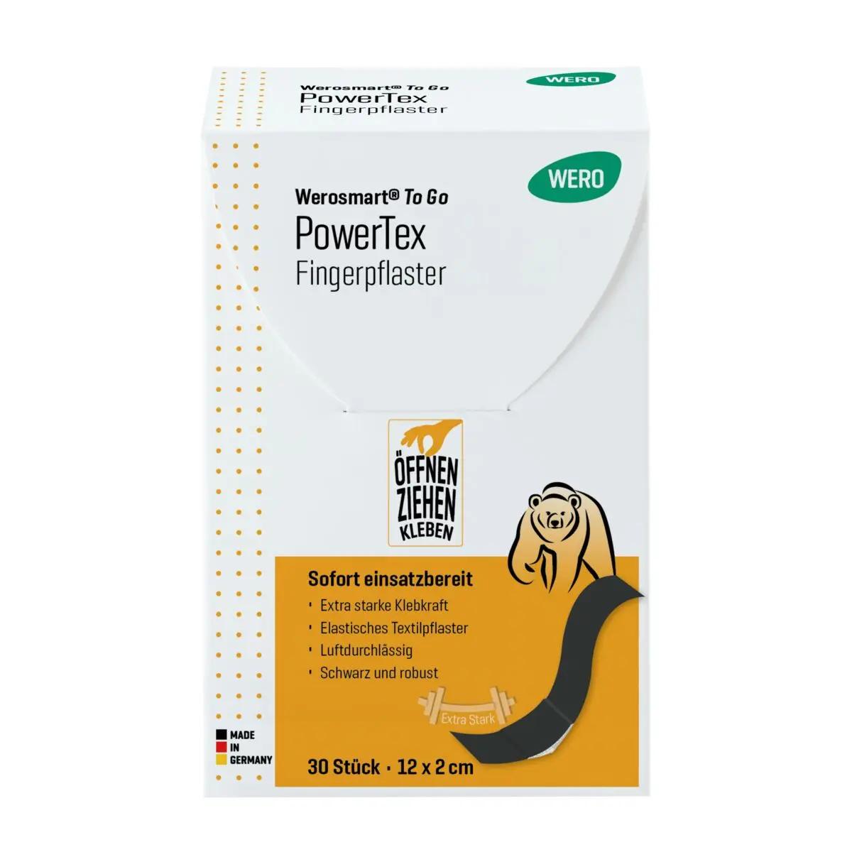 Eine weiße Schachtel Werosmart® To Go PowerTex Sofortpflaster - Fingerpflaster mit gelb-orangefarbener Banderole, extra starker Klebkraft und handlicher Größe.