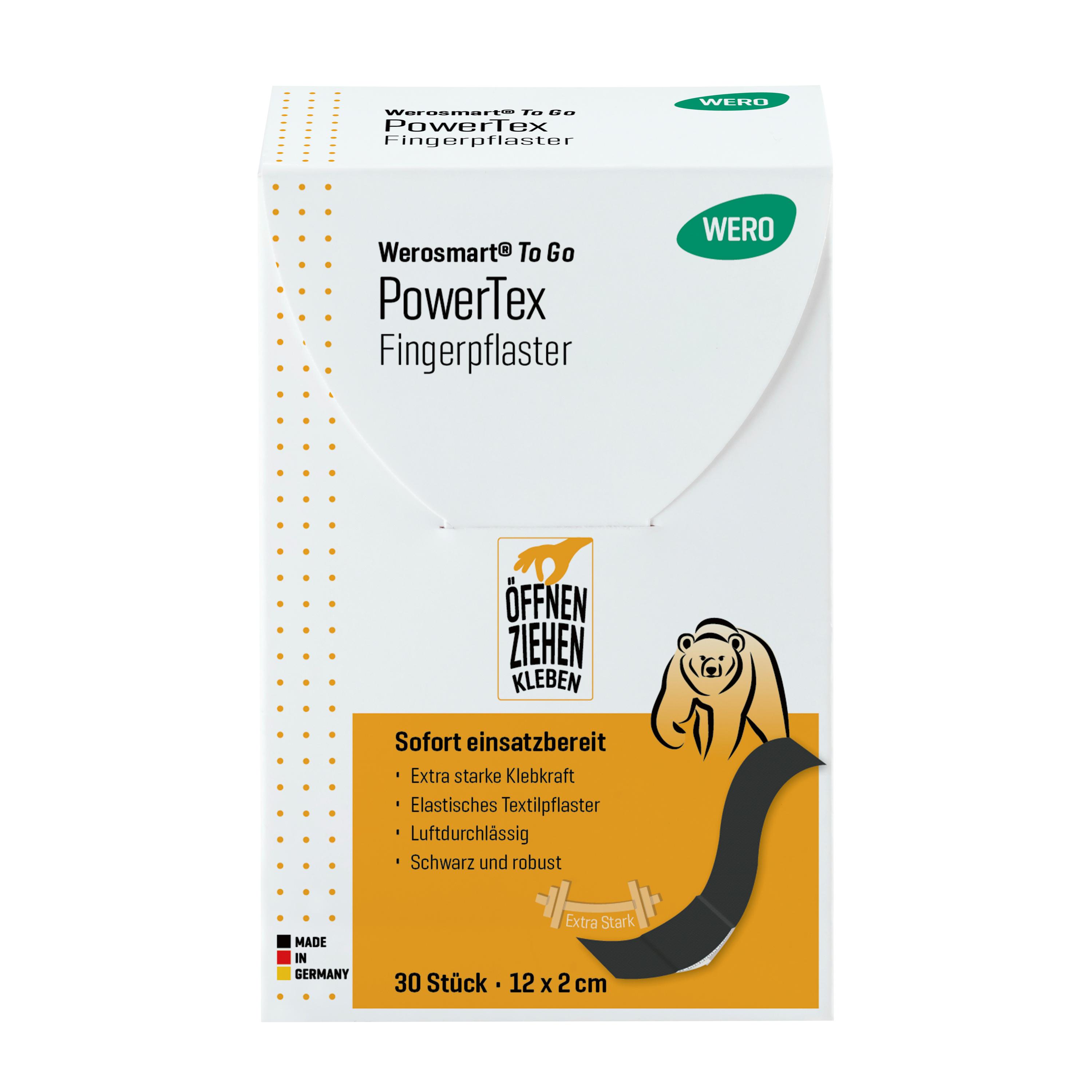 Eine weiße Schachtel Werosmart® To Go PowerTex Sofortpflaster - Fingerpflaster mit gelb-orangefarbener Banderole, extra starker Klebkraft und handlicher Größe.