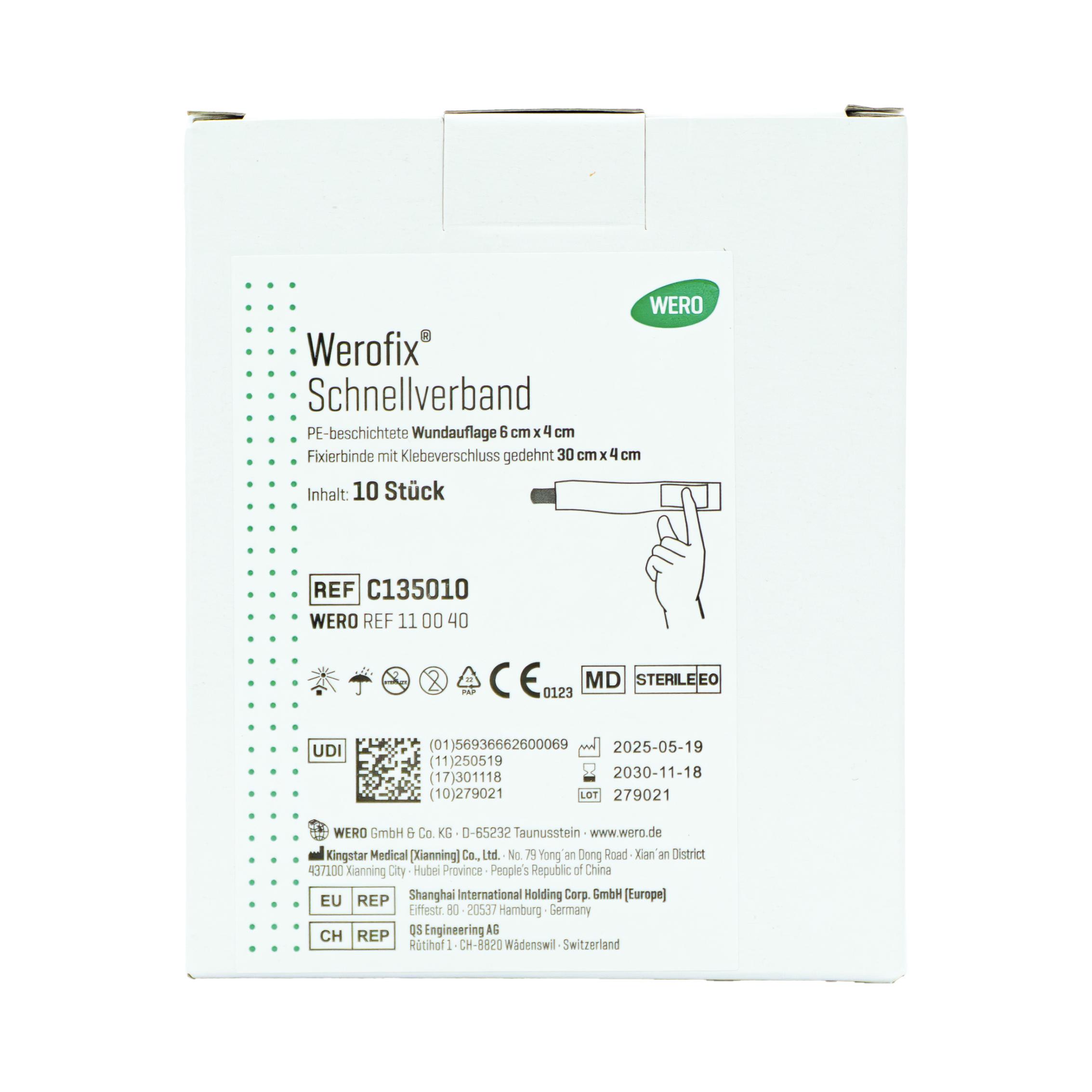 Sterile Werofix® Schnellverband Box mit 10 Stück, zeigt große, PE-beschichtete Wundauflage 6 x 4 cm und dehnbare Fixierbinde.