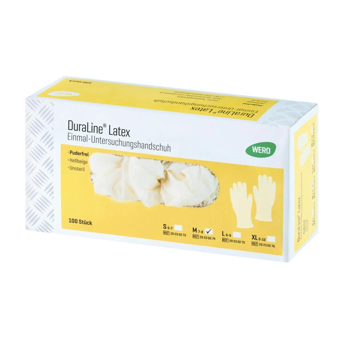 Eine gelbe Spenderbox WERO DuraLine® Latex Einmalhandschuh enthält 100 ungepuderte, elastische Latexhandschuhe in Größe M.