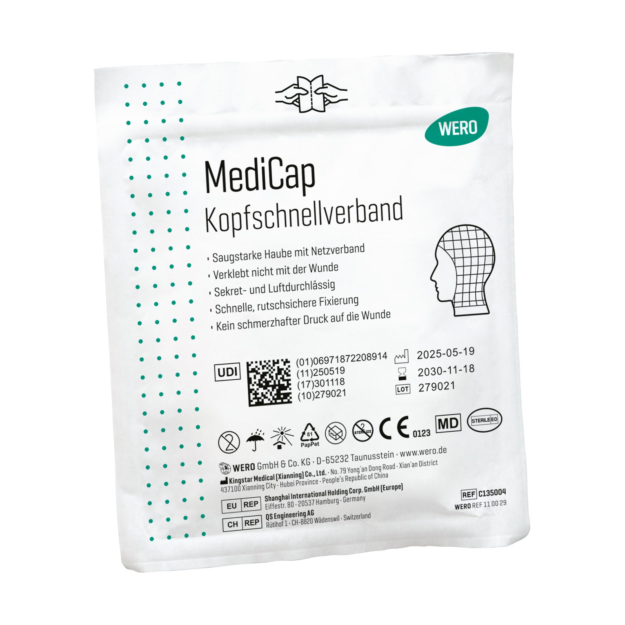 Sterile Verpackung des WERO MediCap Kopfschnellverband mit grünen Punkten, saugstarker Haube und Netzverband für schnelle Versorgung von Kopfverletzungen.