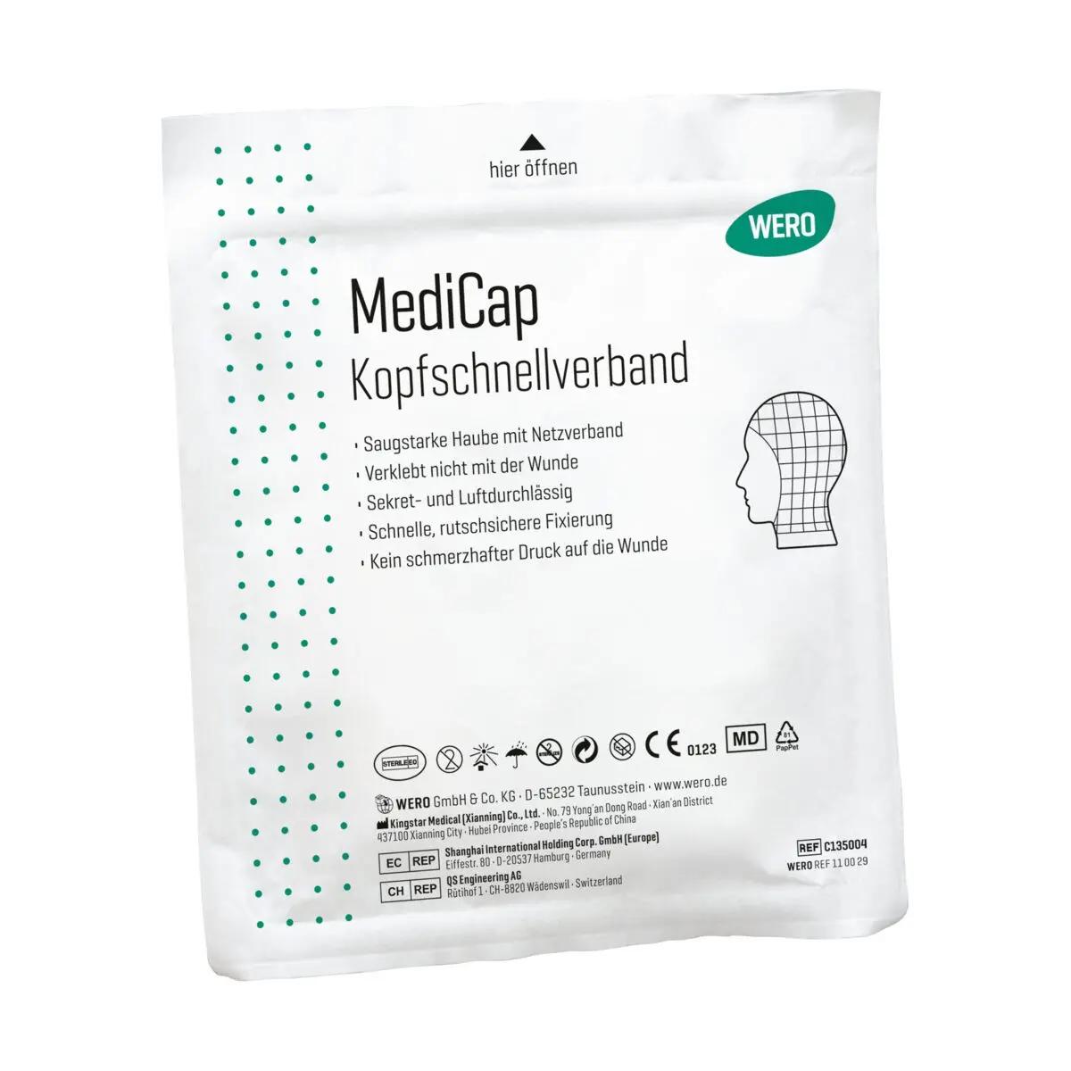 Sterile Verpackung des WERO MediCap Kopfschnellverband mit grünen Punkten, saugstarker Haube und Netzverband für schnelle Versorgung von Kopfverletzungen.