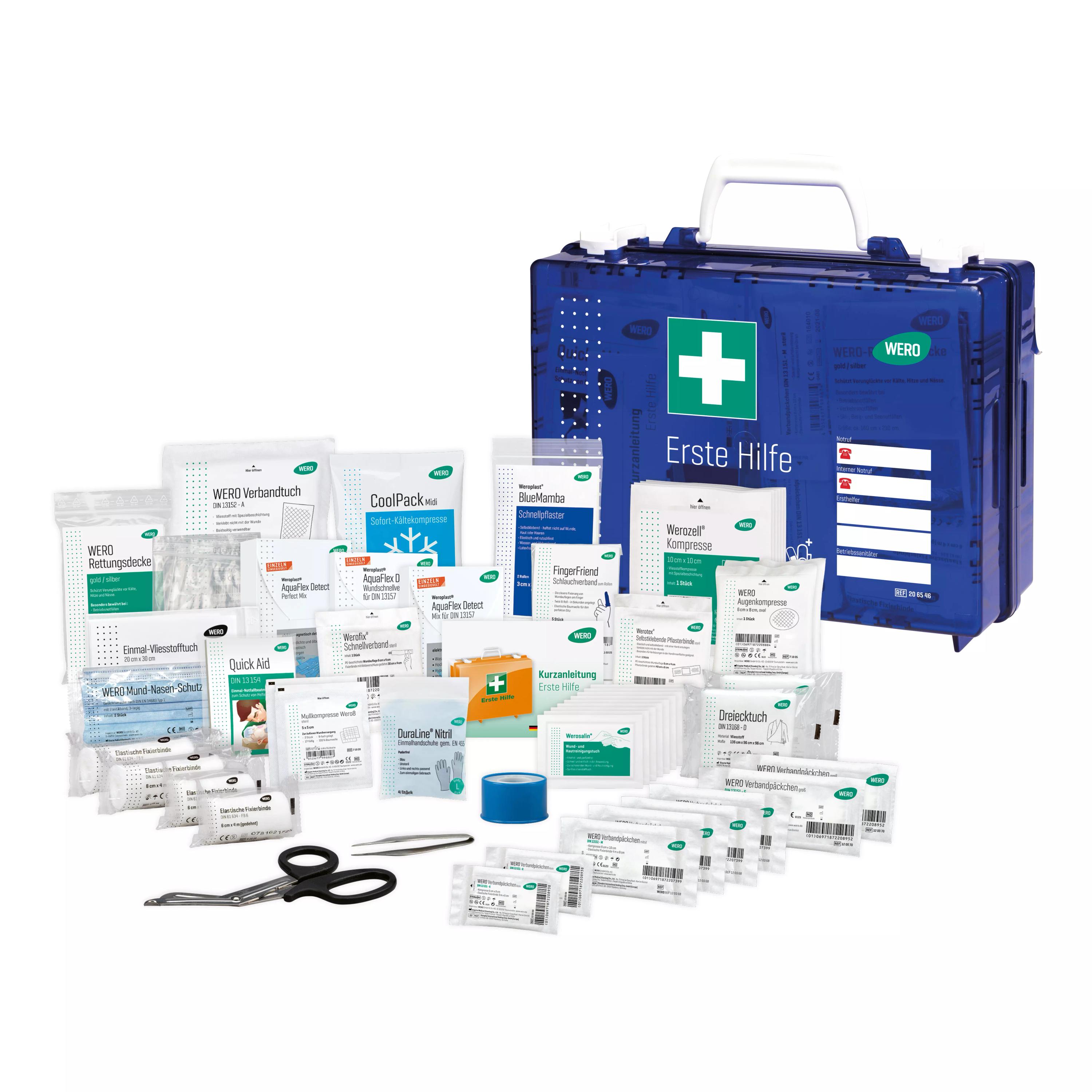 Offener Werotop® clear Erste Hilfe Koffer DIN 13157 Allround, detektierbar, transparent-blau, zeigt sortierte medizinische Utensilien und Verbände.