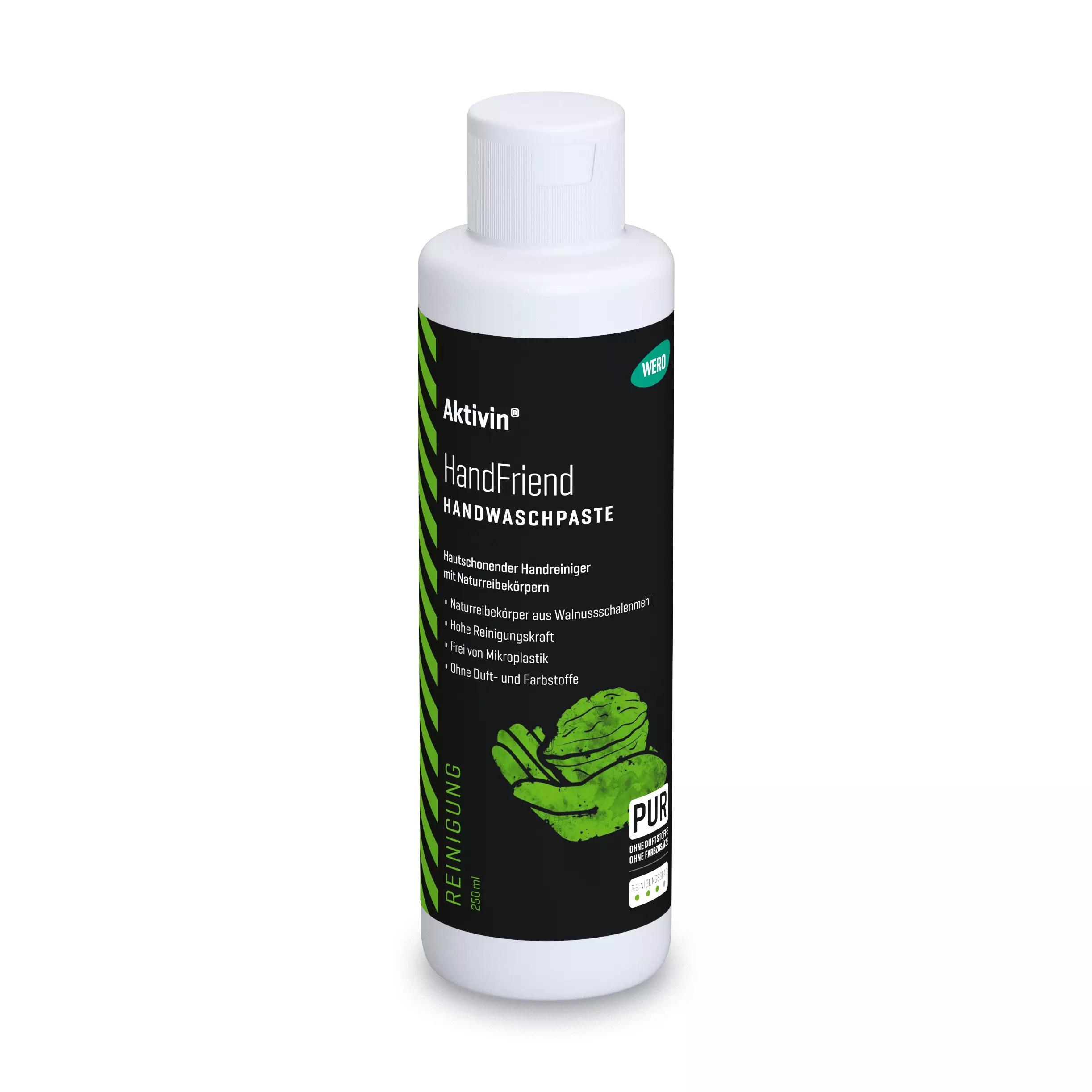 Weiße, zylindrische Flasche Handwaschpaste Aktivin® HandFriend mit grünem Streifen, 250 ml, lösemittelfrei und biologisch abbaubar mit Walnussschalenmehl.
