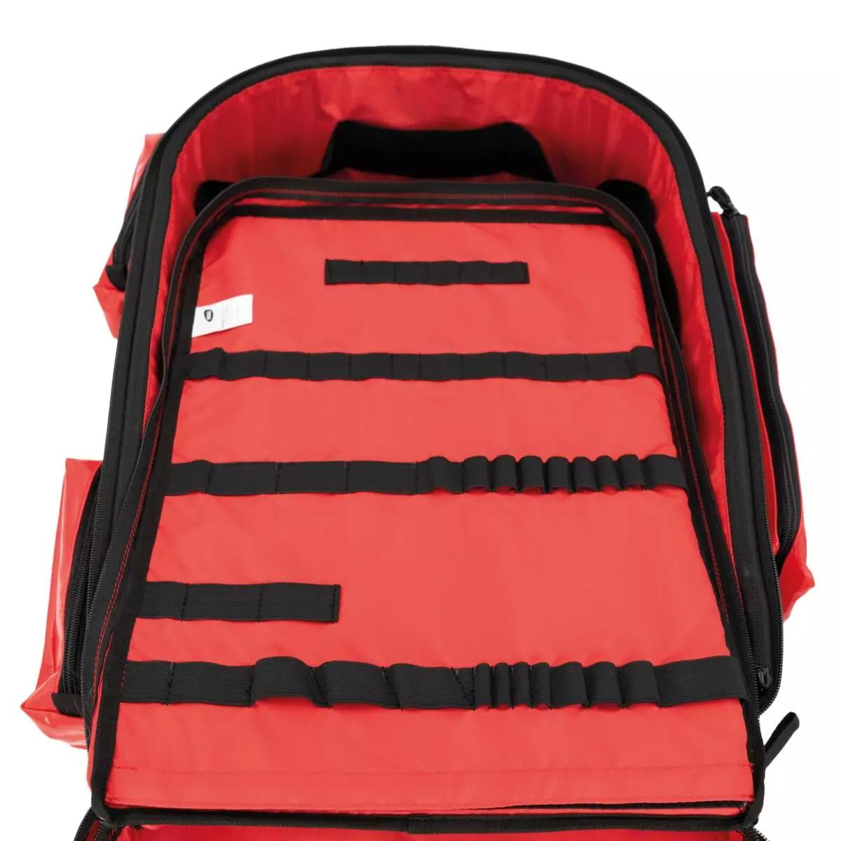HAN-LIFE Rettungsrucksack PARAMEDIC PLUS mit rotem, PVC-beschichtetem Polyester, zwei Hauptfächern und schwarzen Tragegurten, von oben fotografiert.