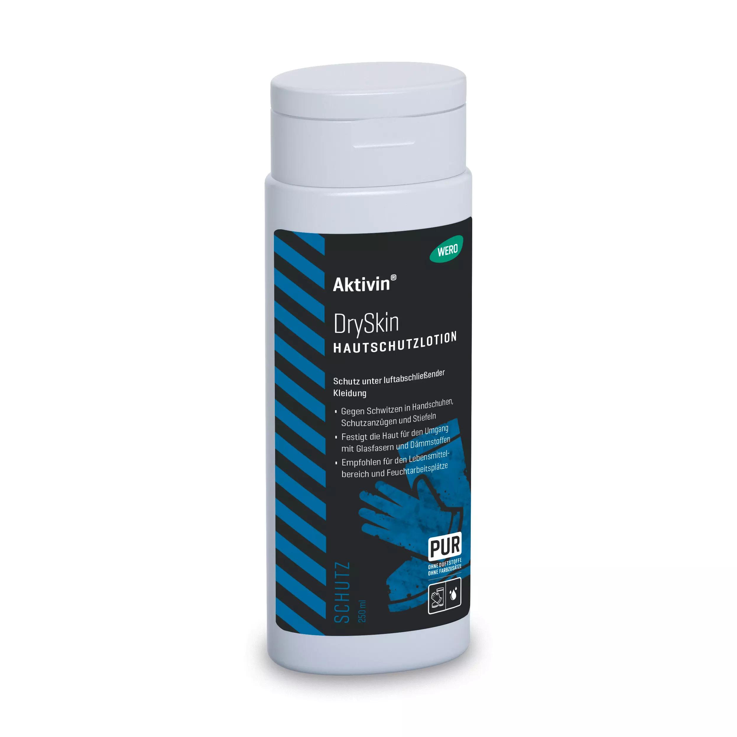 Weiße 250-ml-Flasche Hautschutzlotion Aktivin® DrySkin mit blauem Etikett, beworben gegen Schwitzen, Hauterweichung und wässrige Arbeitsstoffe.