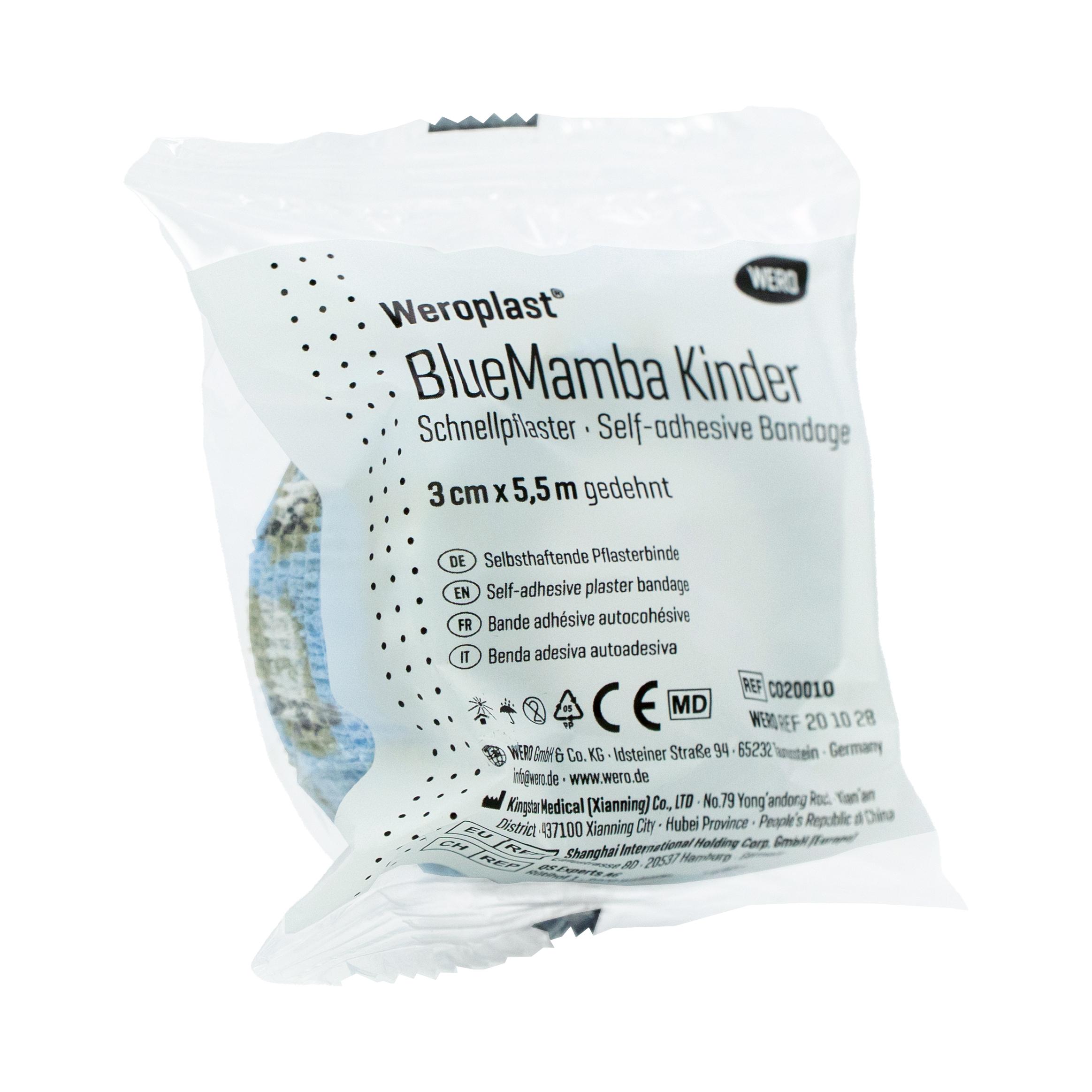 Weiße Kunststoffverpackung mit Weroplast® BlueMamba Kinder Schnellpflaster Rolle, selbsthaftend, haftet nur an sich, latex- und klebstofffrei, 3 cm x 5,5 m.
