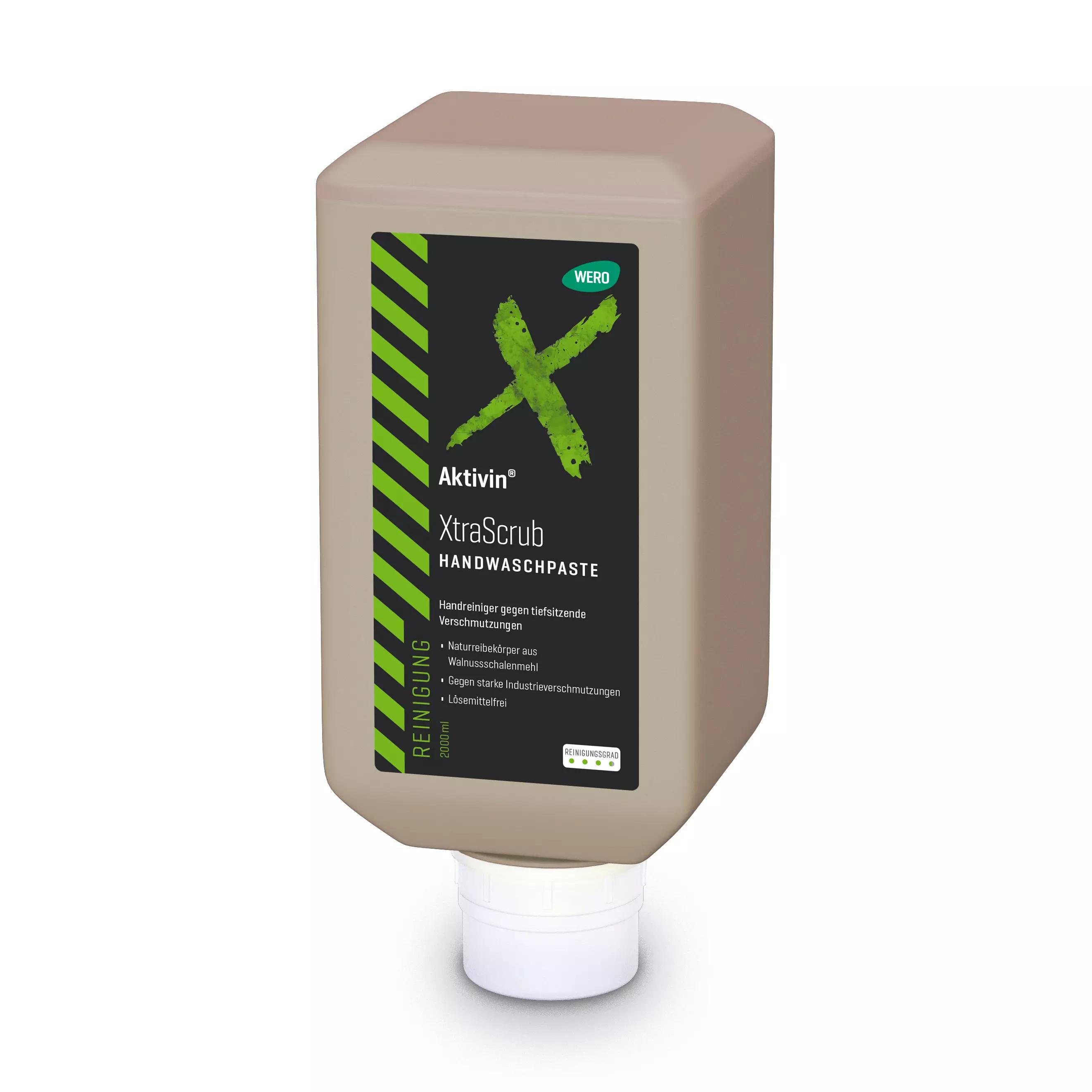 Beige Softflasche Hautreinigung Aktivin® XtraScrub, 2.000 ml mit grün-schwarzem Etikett und weißem Klappdeckel steht aufrecht.