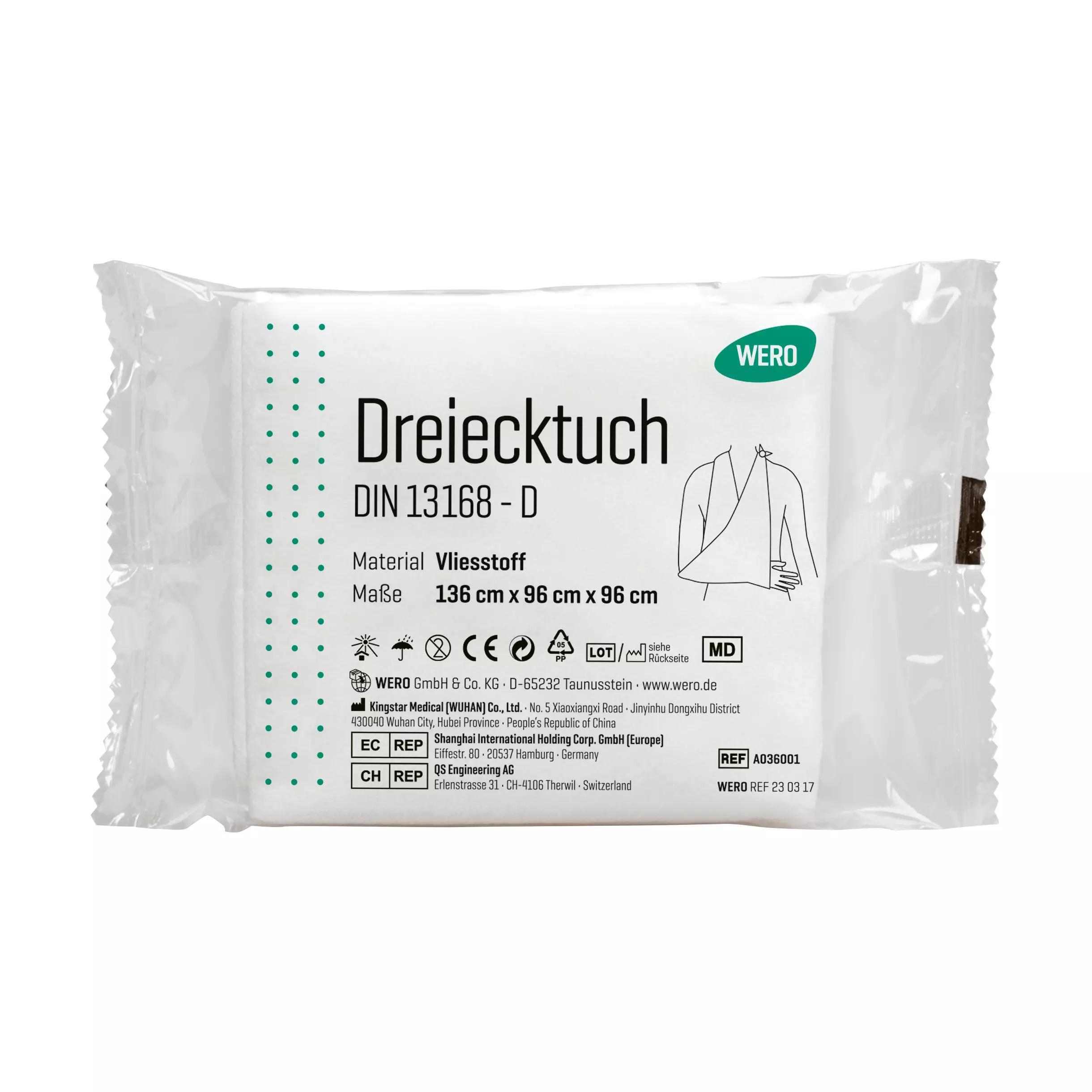 Versiegelte Verpackung eines Dreieckstuch (Armtragetuch) DIN 13168-D / ÖNORM K 2122 aus weichem Vliesstoff, vielseitig nutzbar und ideal für Arm- sowie Handverletzungen.