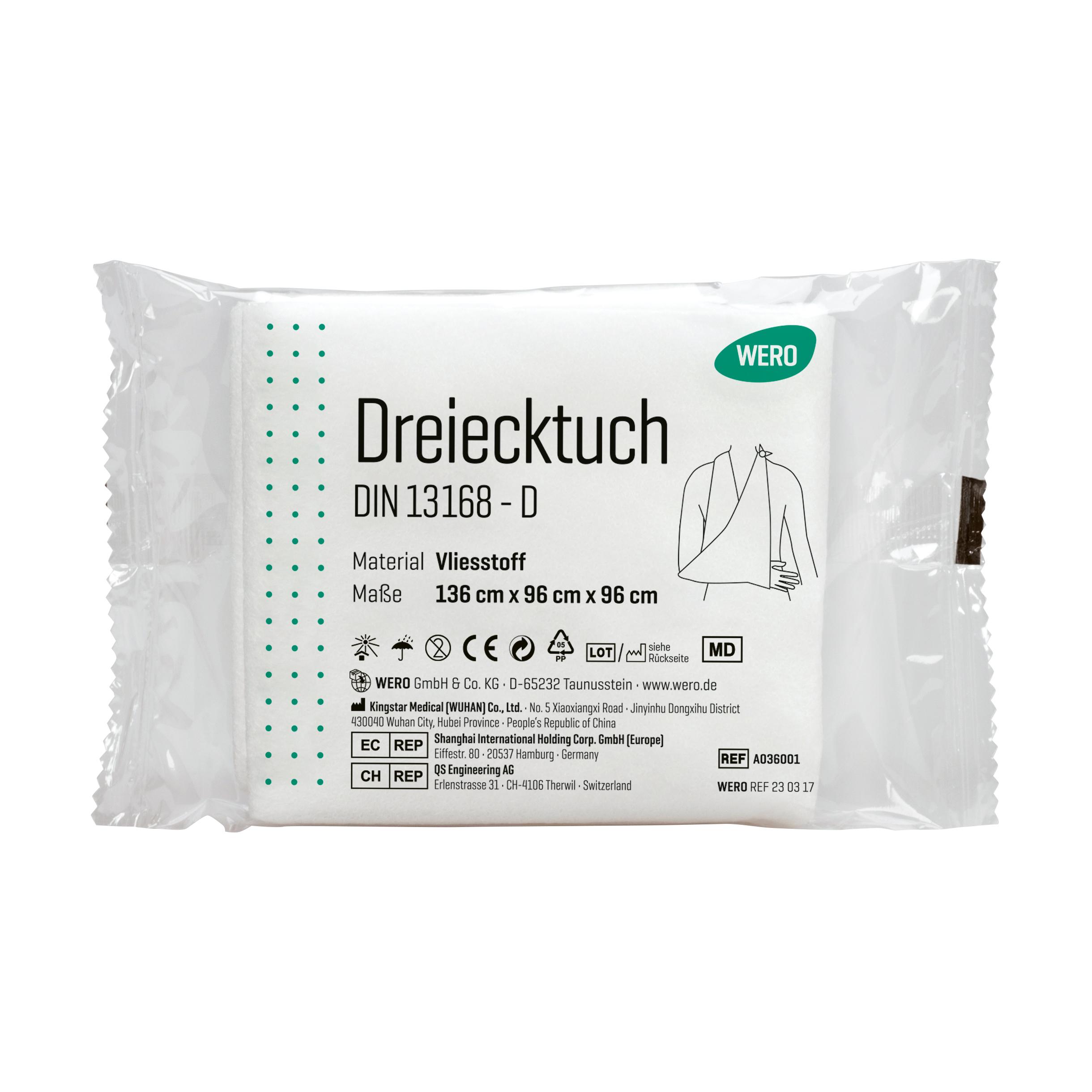 Versiegelte Verpackung eines Dreieckstuch (Armtragetuch) DIN 13168-D / ÖNORM K 2122 aus weichem Vliesstoff, vielseitig nutzbar und ideal für Arm- sowie Handverletzungen.
