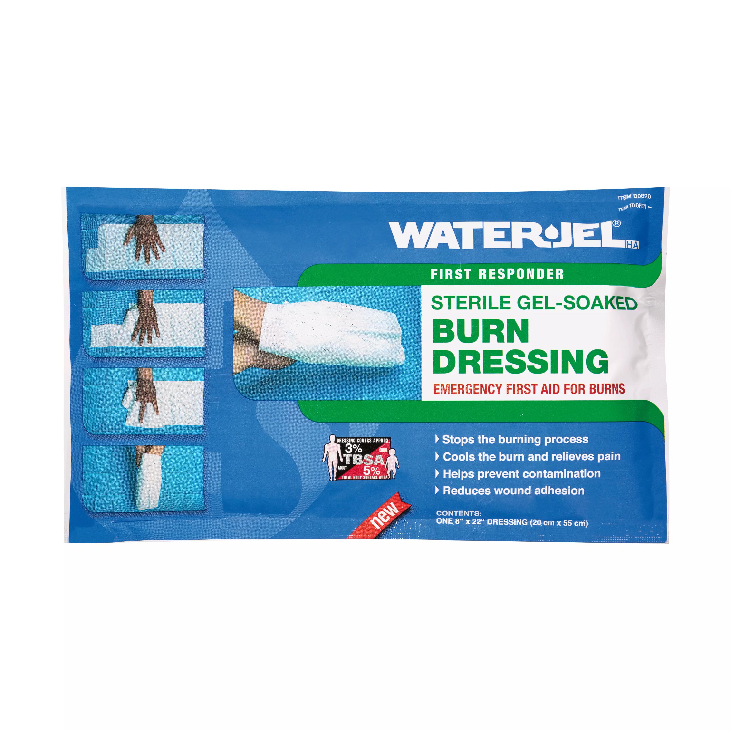 WATER-JEL® HA First Responder Handkompresse, steril, in blauer Verpackung mit Anwendungsbeispiel, geeignet zur separaten Fingerverbände und schneller Temperaturregulierung.