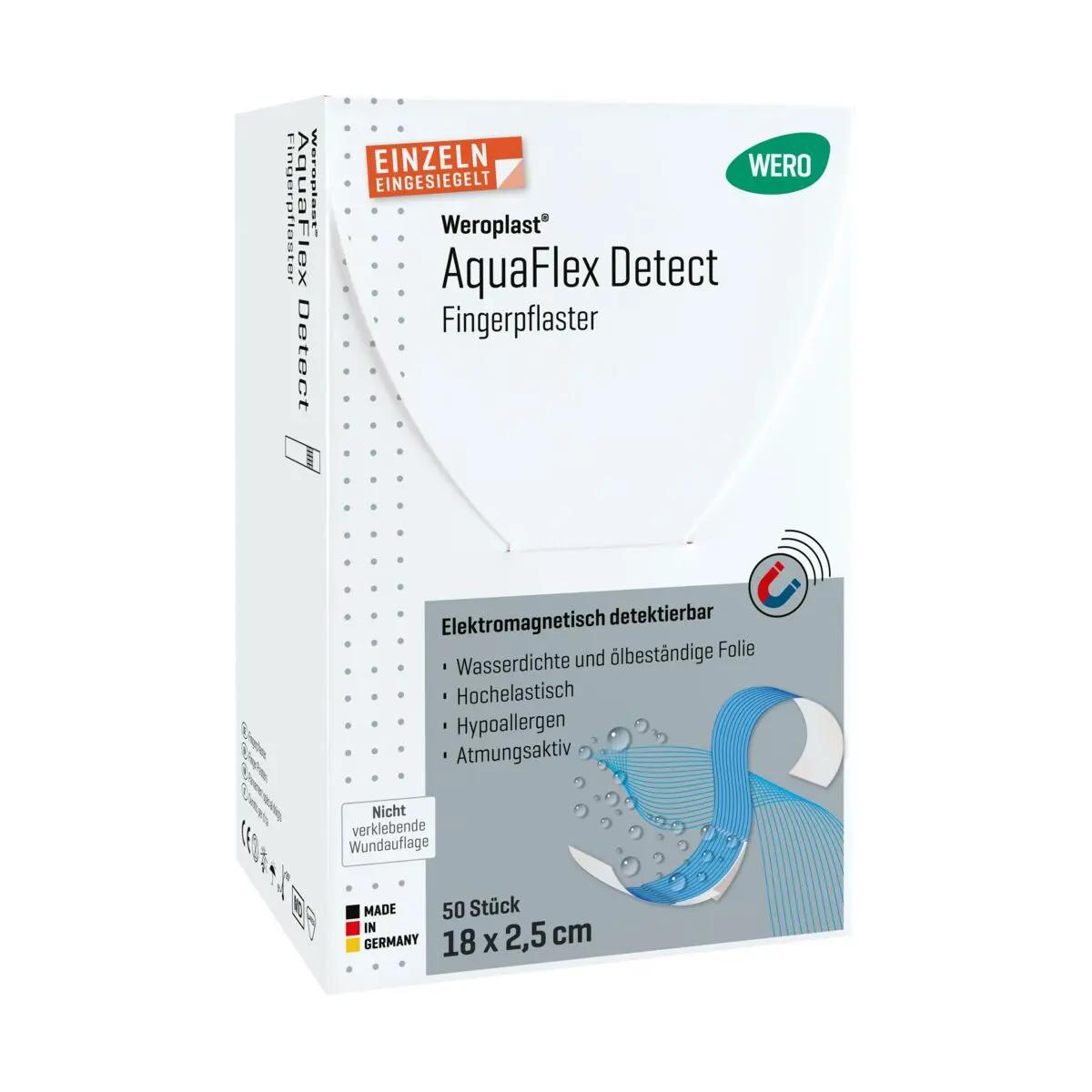Weiße Kartonbox "Weroplast AquaFlex Detect Fingerplaster" mit 50 detektierbaren Fingerpflastern à 18 x 2,5 cm, hergestellt in Deutschland.