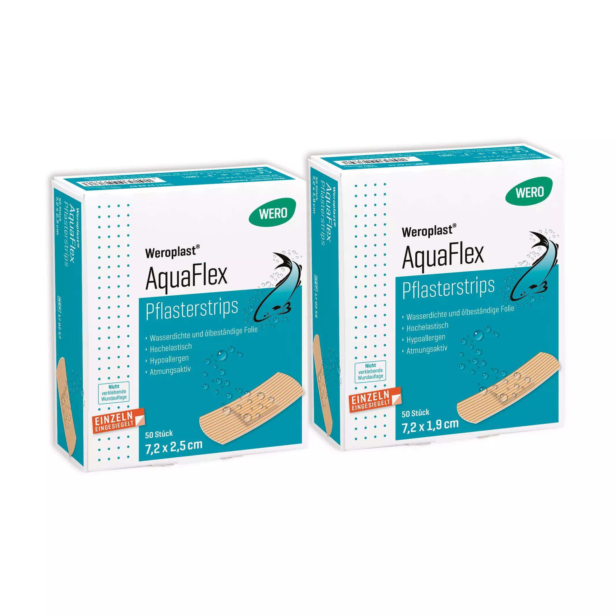 Zwei Verpackungen der Pflasterstrips Weroplast® AquaFlex mit Hinweis auf wasserdichte, superelastische und flexible Eigenschaften.