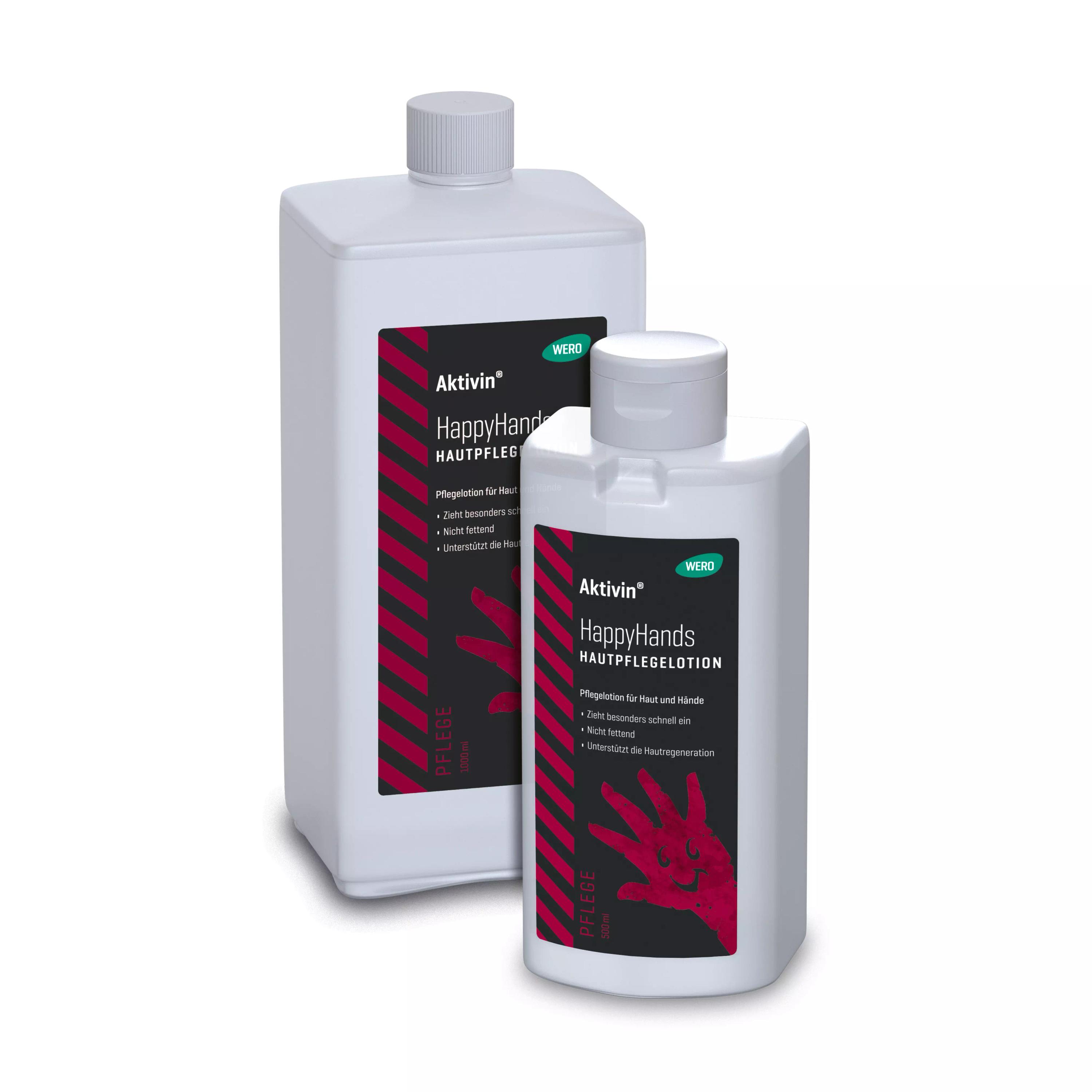 Zwei verschiedenfarbige Flaschen Hautpflegelotion Aktivin® HappyHands, mit schwarzem Etikett und roter Handgrafik, stehen nebeneinander.
