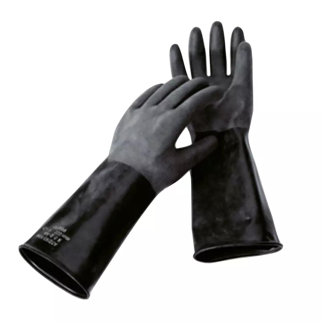 Ein Paar schwarze Chemikalienschutzhandschuhe Butyl 30 aus 0,5 mm Butyl-Kautschuk, die beständig gegen viele Chemikalien sind.