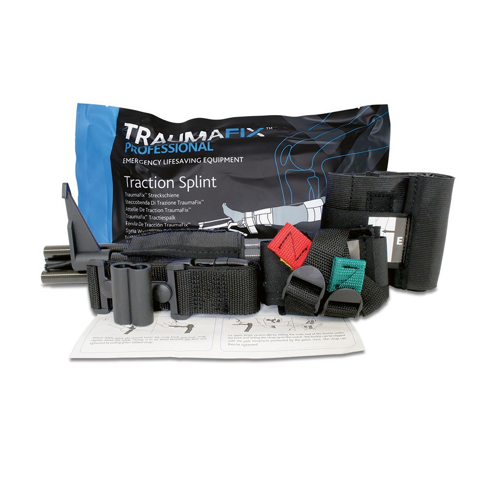 Schwarze TraumaFix™ Traction Splint mit mehreren verstellbaren Gurten, Schnallen und Tragetasche zum Stabilisieren von Oberschenkelfrakturen.