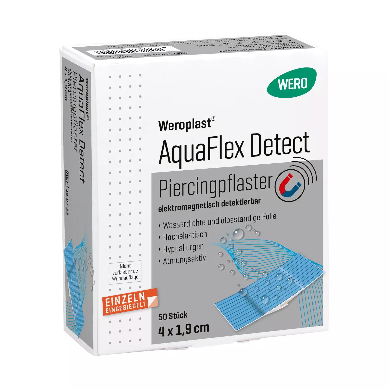 Piercing-Pflaster Weroplast® AquaFlex Detect Box mit Hinweis auf elektromagnetische Detektierbarkeit, Wasserdichtigkeit und hypoallergene Eigenschaften.